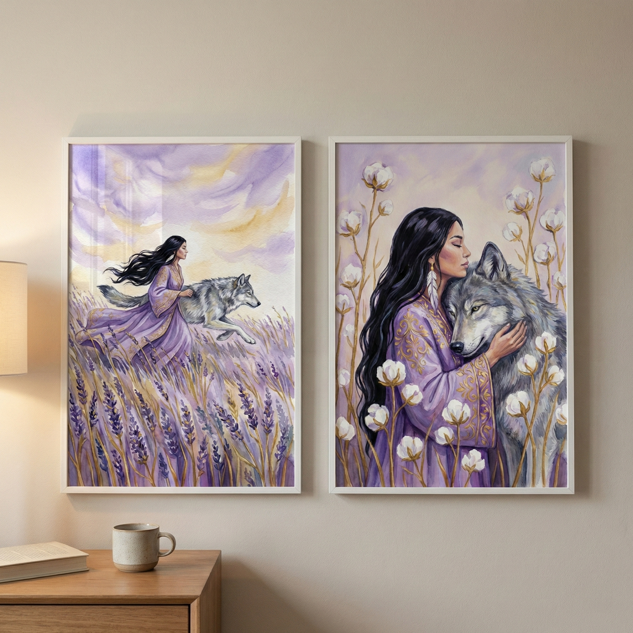 Wolf Kids Room Wall Art Set of 2 - Lavender Wolf Spirit