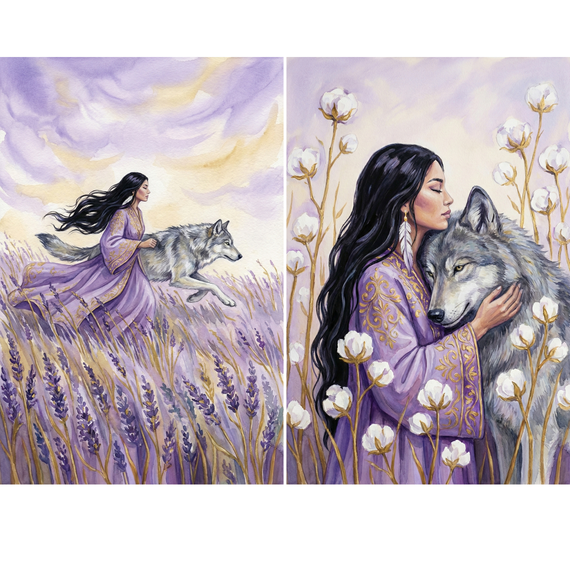  A dreamy lavender field wall art featuring a woman in a flowing purple dress walking alongside a gray wolf beneath a soft pastel sky. In a companion scene she gently embraces the wolf among blooming flowers. This elegant and mystical artwork brings calm strength and storytelling beauty to both kids and adult interiors.
