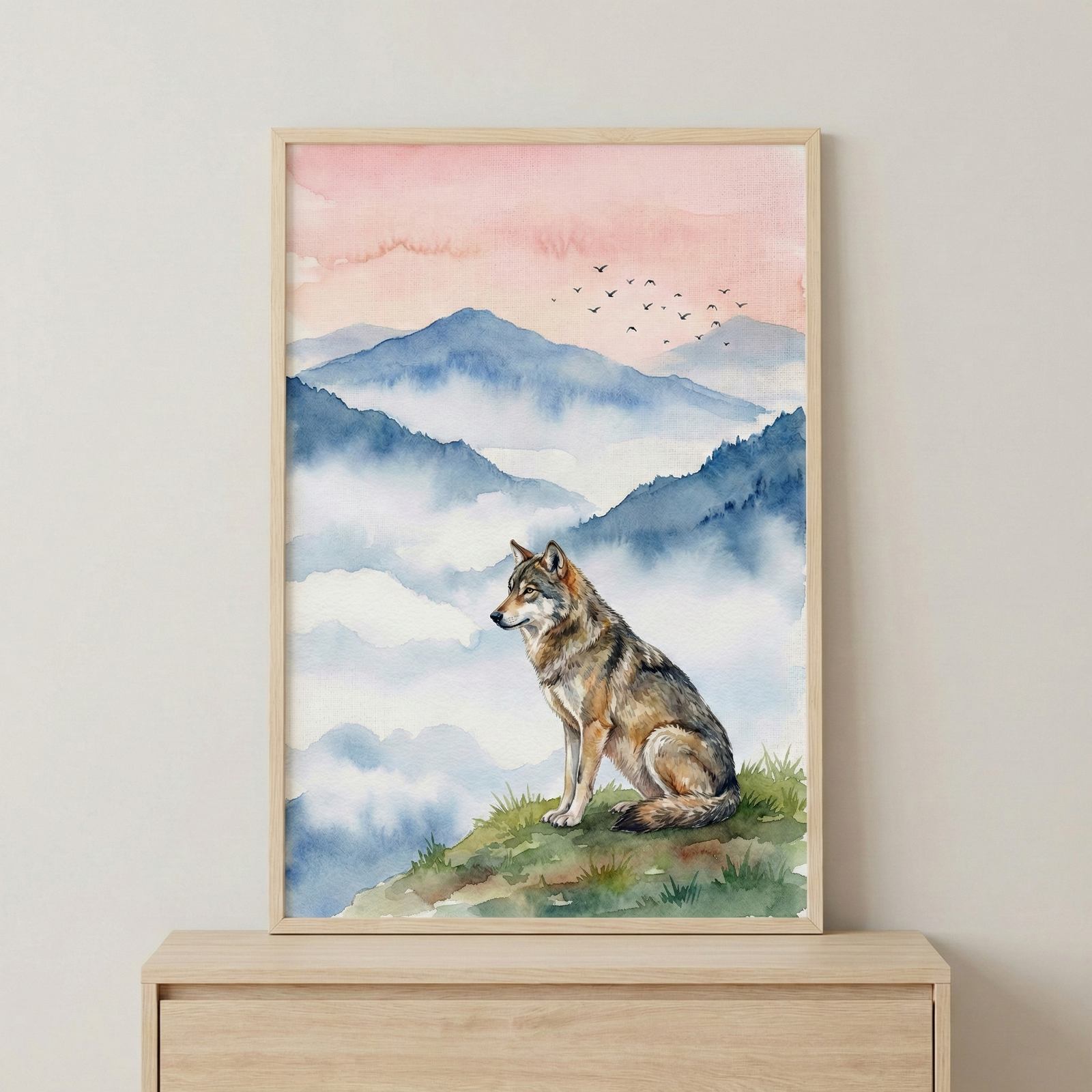 A framed watercolor-style illustration depicts a lone wolf sitting on a grassy ridge. The wolf, detailed with shades of brown, grey, and white fur, is positioned in the lower-right foreground, looking out toward the left. Beyond the wolf, a series of misty, blue-toned mountain ranges fade into a hazy distance. Below the mountains, soft white clouds fill the valleys. 