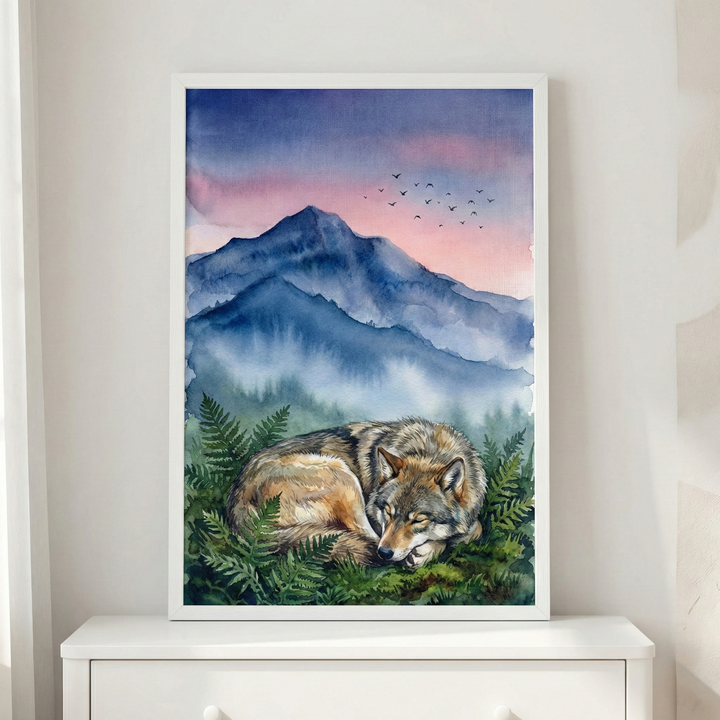 A framed watercolor-style artwork depicts a wolf sleeping peacefully, curled on a bed of lush green ferns and moss. Behind the animal, layers of misty blue mountains rise toward a soft, colorful sky at sunset or sunrise, blending shades of purple, pink, and orange. A small flock of birds is silhouetted as they fly across the distant sky. The piece is held in a simple white frame and rests on a white dresser against a neutral wall.