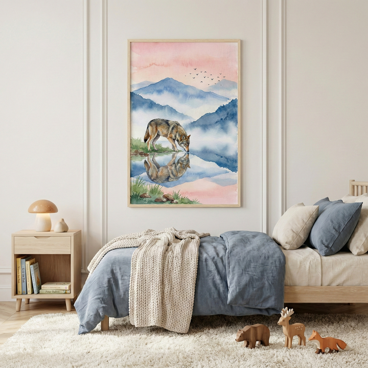 A cozy bedroom features a framed watercolor illustration of a wolf drinking from a mountain lake at sunset. The artwork, with its soft pink and blue tones, is centered above a bed dressed in blue and white linens with a knit throw. To the left, a light wood nightstand holds a mushroom-shaped lamp. In the foreground, three wooden animal figurines—a bear, a deer, and a fox—rest on a plush white rug. The room has a calm, nature-inspired aesthetic with off-white walls.