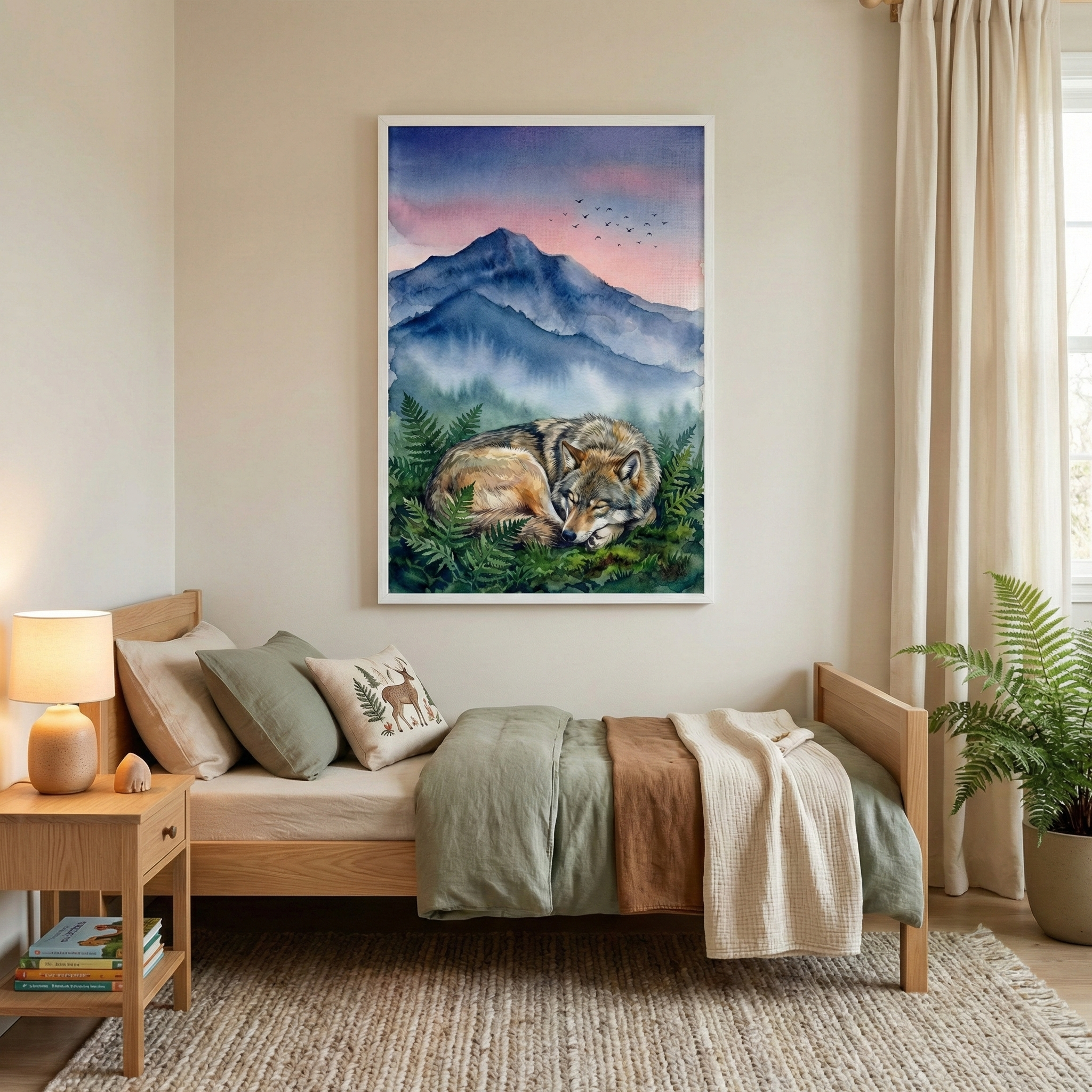 A serene bedroom features a light wood twin bed dressed in sage green and brown bedding, accented with a decorative pillow showing a woodland animal. Above the bed hangs a large, vertically-oriented framed artwork depicting a sleeping wolf curled up amidst forest ferns. The background of the illustration shows blue mountains shrouded in mist under a pale pink sky with a flock of birds. A matching wooden nightstand beside the bed holds a small lamp and a few books. 