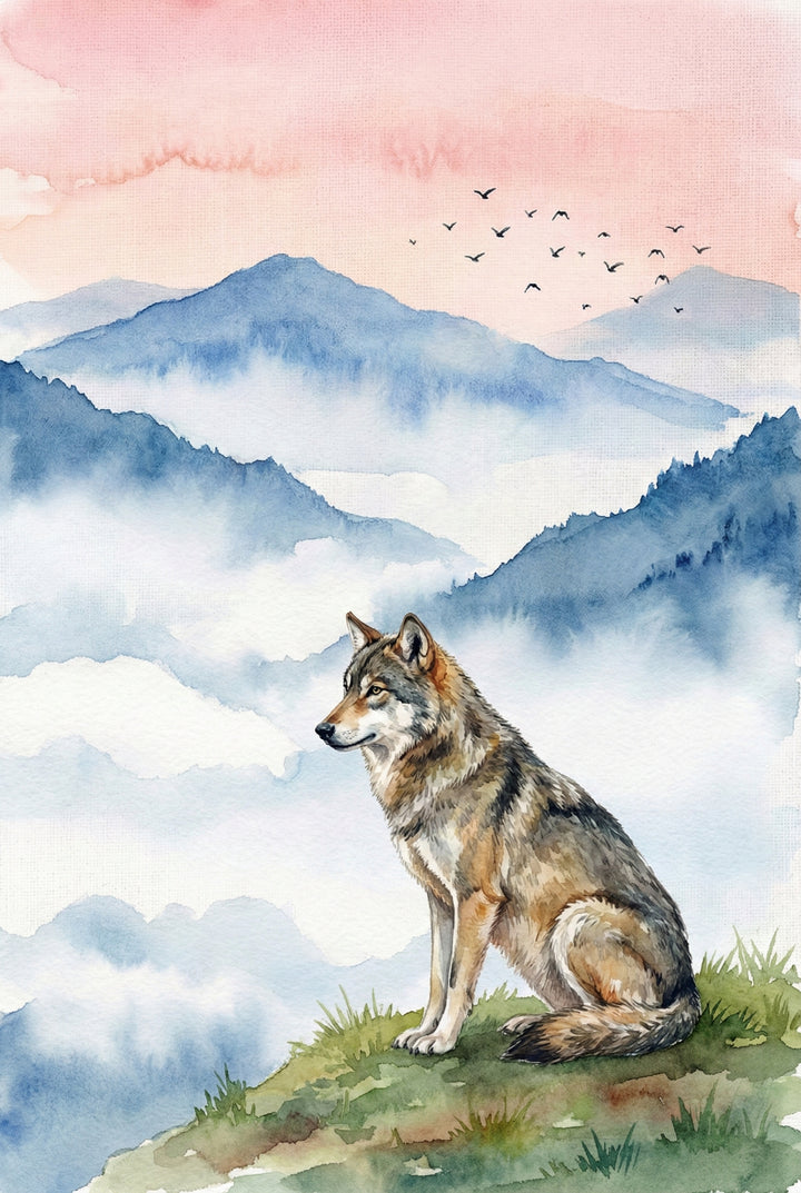Watercolor illustration of a gray and brown wolf sitting on a grassy cliff overlooking mist filled blue mountains. A soft pink sky and distant birds create a quiet wilderness atmosphere. The wolf gazes outward with an alert yet calm posture.
