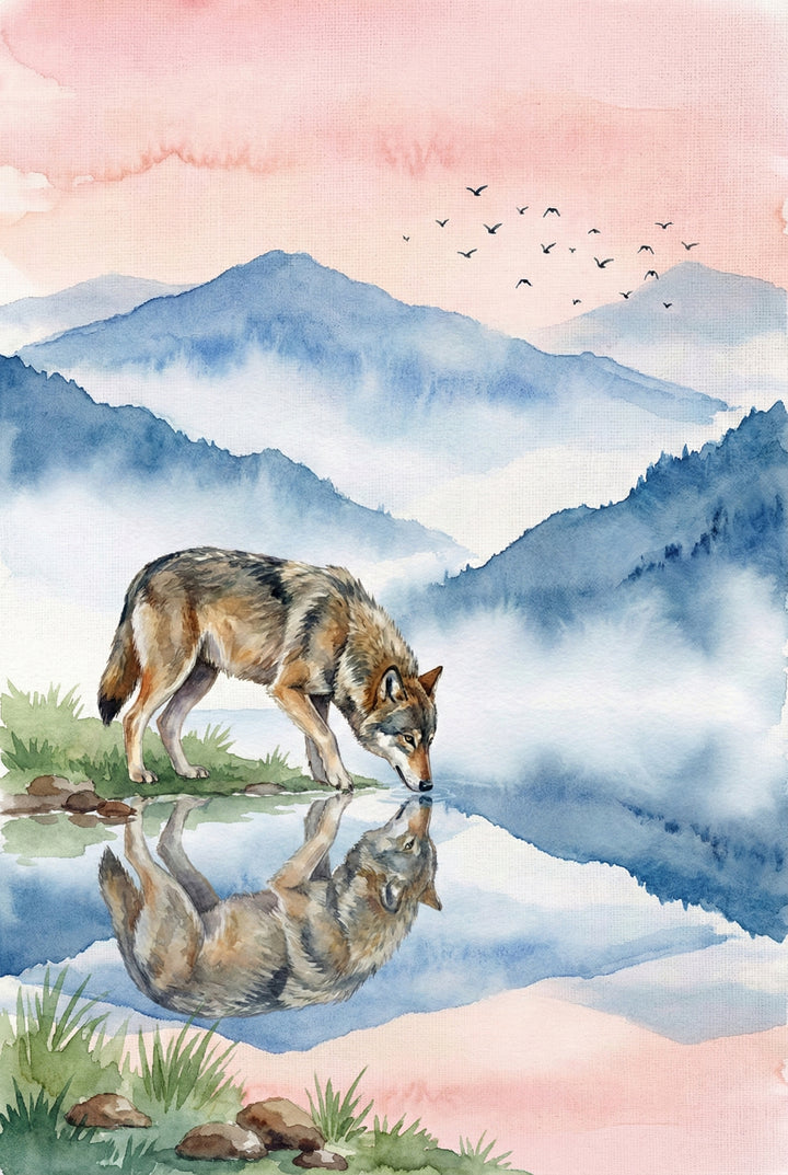 Watercolor illustration of a wolf lowering its head to drink from a calm lake. Its reflection is clearly visible in the water with layered blue mountains and a soft pink sky behind it. The mirrored image emphasizes stillness and connection to the landscape.
