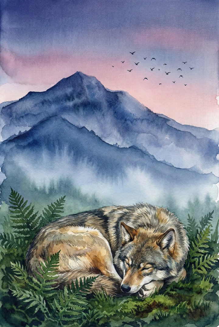 Watercolor illustration of a gray and brown wolf curled up asleep among green ferns in the foreground. Misty blue mountains rise behind it beneath a soft pink sky with a flock of birds in the distance. The peaceful pose emphasizes rest within a quiet wilderness setting.

