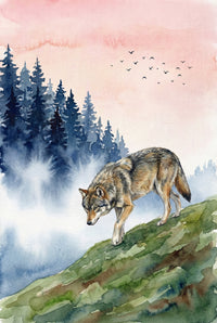 Watercolor illustration of a wolf stepping carefully down a green hillside. Dark evergreen trees and drifting mist fill the background under a peach toned sky with birds overhead. The lowered head and steady stride suggest focused movement through its territory.
