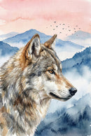 Close up watercolor portrait of a wolf’s head showing detailed fur texture and an amber eye. Layered blue mountains and a soft pink sky with birds appear behind it. The composition draws attention to the wolf’s calm yet alert expression.
