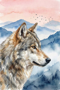 Close up watercolor portrait of a wolf’s head showing detailed fur texture and an amber eye. Layered blue mountains and a soft pink sky with birds appear behind it. The composition draws attention to the wolf’s calm yet alert expression.
