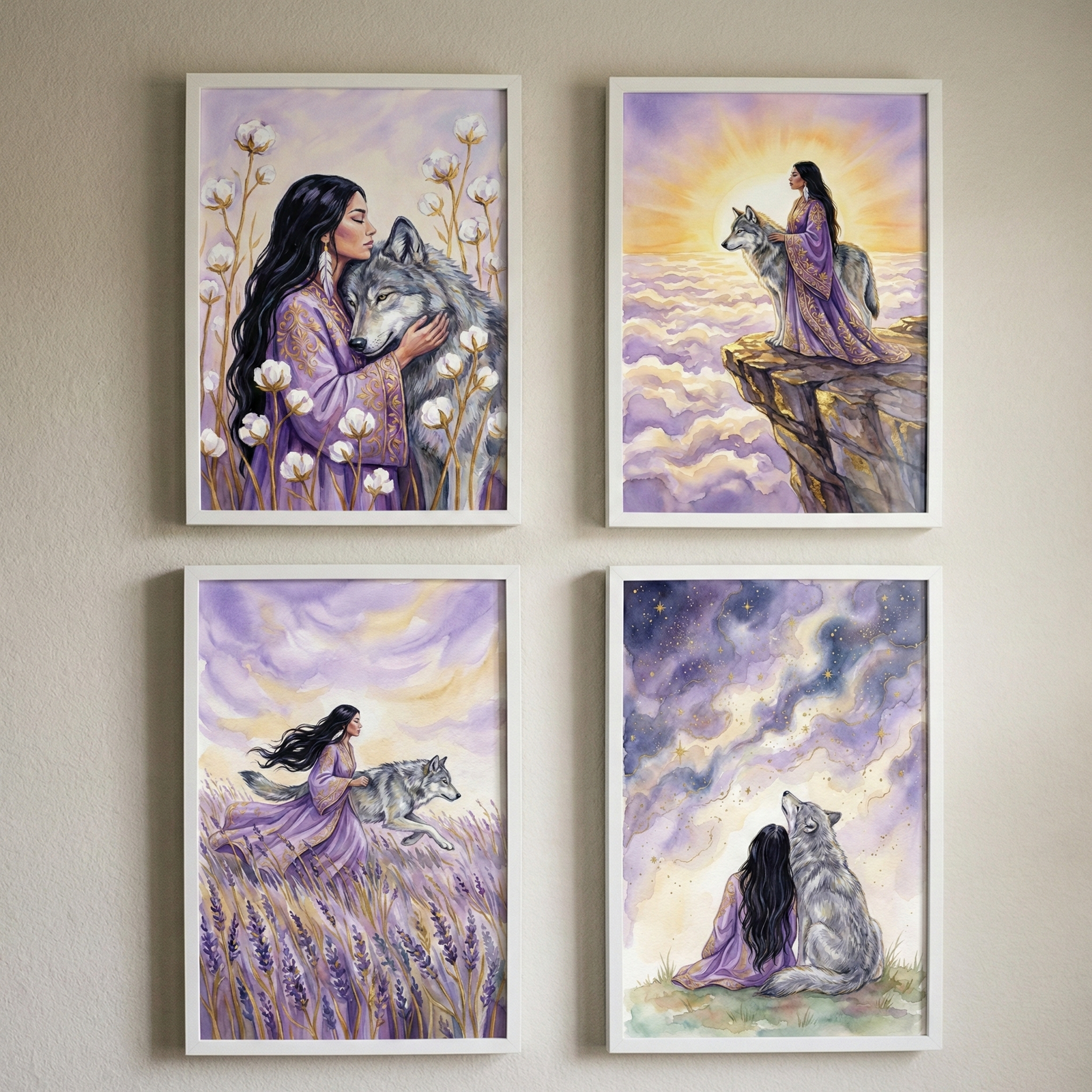 Four framed watercolor-style illustrations are displayed in a two-by-two grid on a neutral-toned wall. Each artwork depicts a woman with long black hair wearing a purple dress, accompanied by a large grey wolf. The top-left piece shows an intimate close-up of the woman embracing the wolf among cotton plants. To its right, the pair stands on a rocky cliff overlooking a sea of clouds at sunrise. The bottom-left image captures them running through a lavender field, while the bottom-right piece shows them sitti