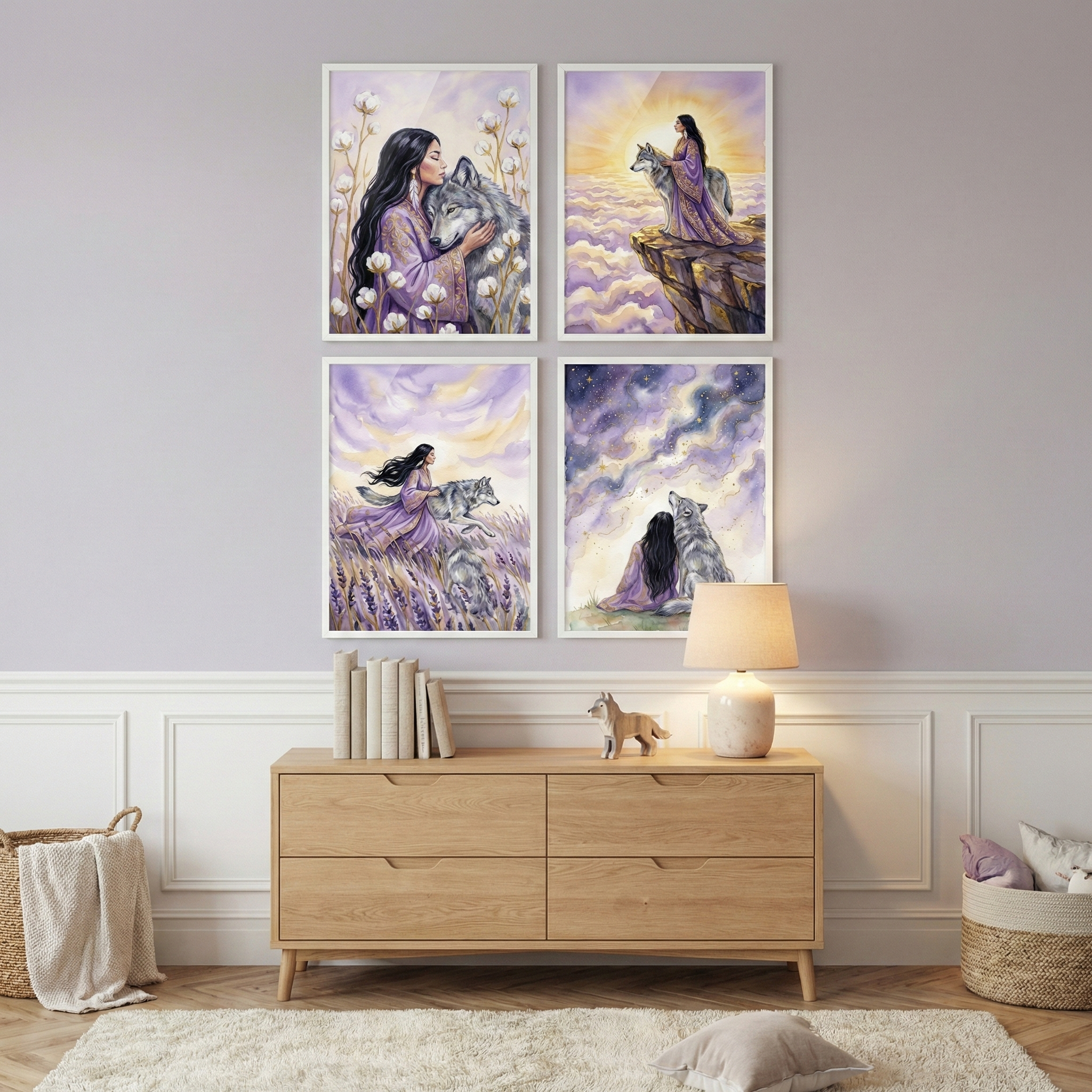 Women And Wolf Wall Art Set Of 4 - Sacred Wolf Bond