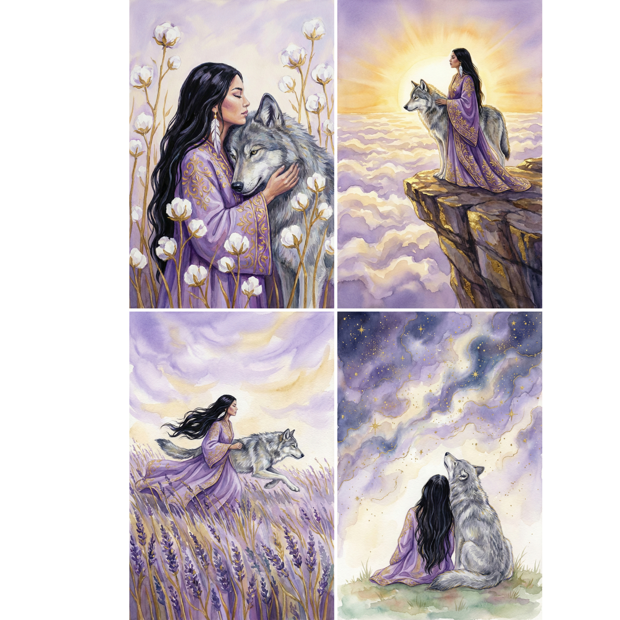 Watercolor illustration collage of a woman with long black hair wearing a flowing purple robe with gold details beside a gray wolf. In one scene she gently embraces the wolf among white cotton flowers, in another she stands with the wolf on a cliff above glowing clouds at sunrise, in a third they run together through a lavender field, and in the last they sit side by side beneath a swirling purple and gold star filled sky. 