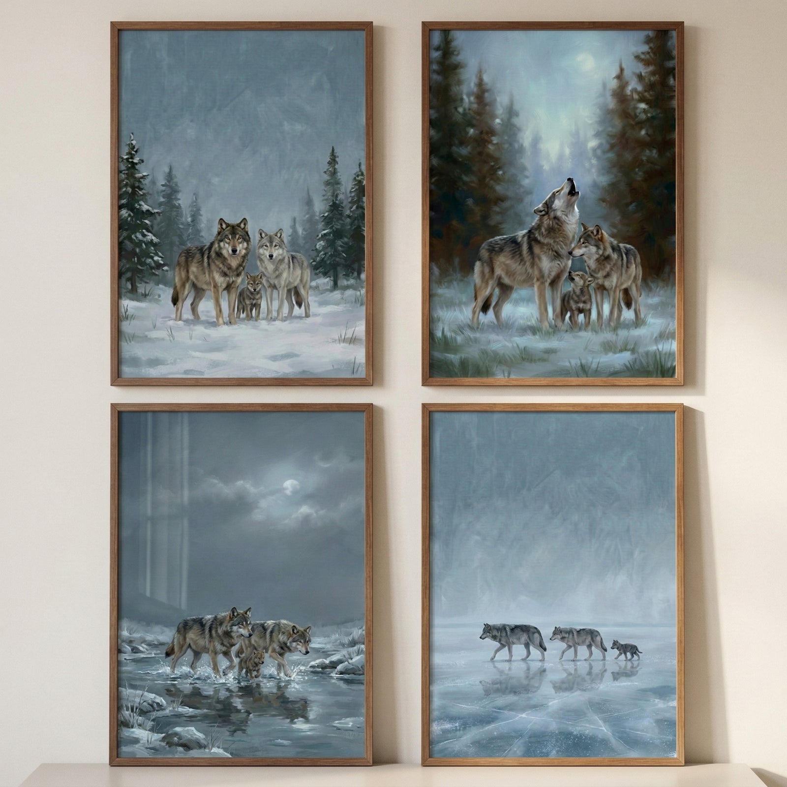Four framed paintings show a wolf family moving through quiet winter landscapes. The scenes include wolves standing together in snowy forests, one wolf lifting its head to howl beneath a pale moon, a pack walking through shallow icy water, and wolves crossing a frozen lake with a small pup following behind. The cool blue tones and misty skies create a calm atmospheric wilderness series.