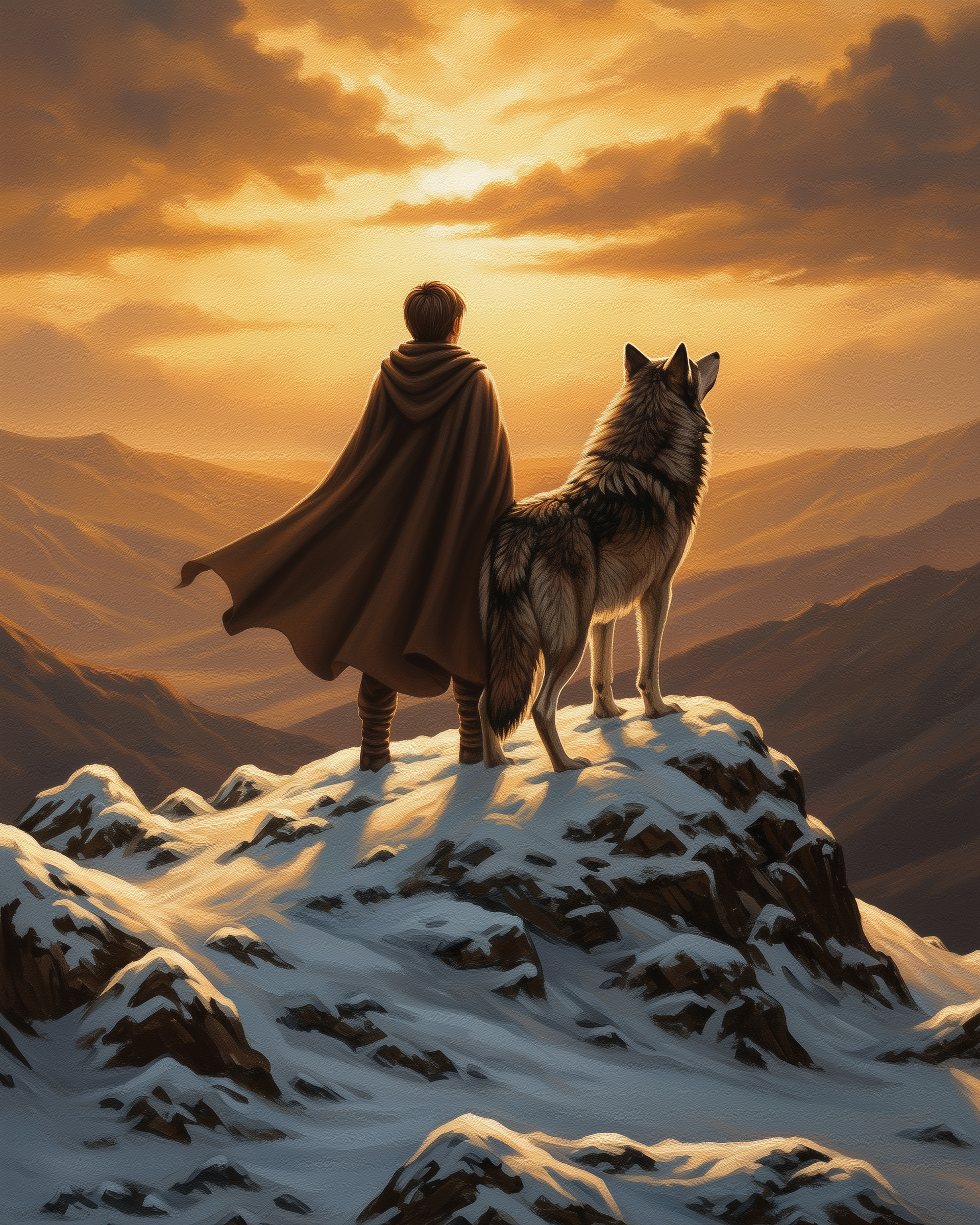 A person in a cloak stands beside a wolf on a snow-covered mountain peak, gazing at a dramatic sunset with glowing clouds and expansive, rolling hills in the distance.