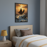 Modern bedroom with a light wood bed and nightstand. A framed art print on the blue wall above the bed shows a person in a brown cape with a wolf on a snowy mountain at sunset, with distant peaks. A yellow lamp is on the nightstand.x