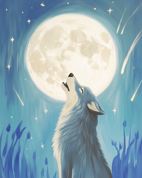 A stylized illustration depicts a wolf with blue fur howling at a large, luminous full moon, set against a night sky filled with stars and shooting stars, with abstract blue foliage in the foreground.