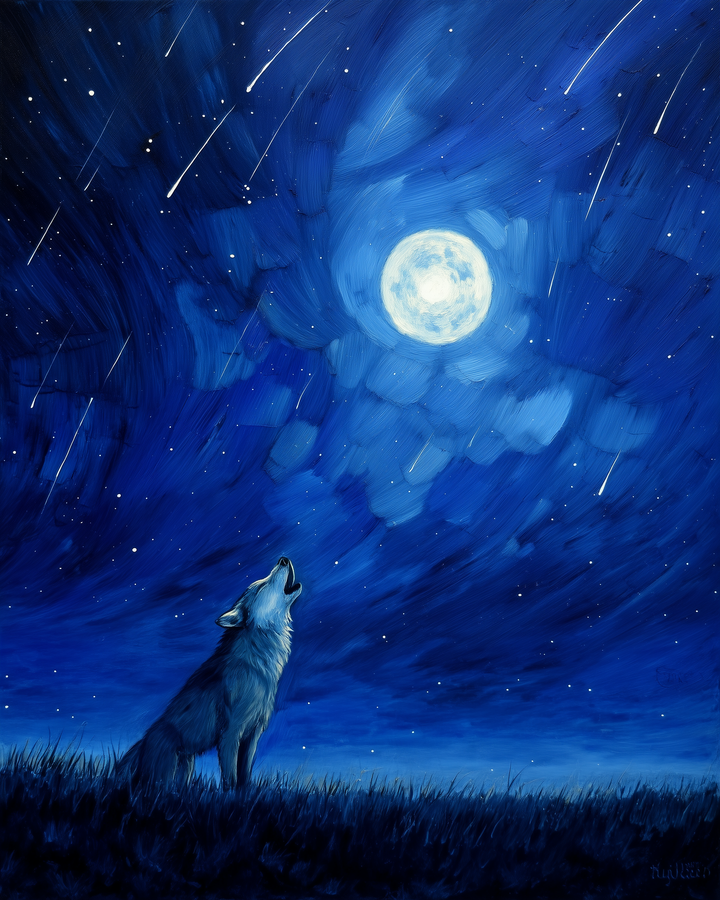 A lone wolf howls under a luminous full moon in a starry night sky, with streaks of shooting stars creating a dynamic backdrop above a grassy field.