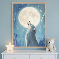 Framed artwall shows a soft, stylized wolf howling at a large glowing full moon, surrounded by stars and streaking comets in a dreamy blue night sky. The artwork sits above a white dresser decorated with a glowing star lamp and a plush wolf toy, creating a peaceful and whimsical nursery atmosphere.