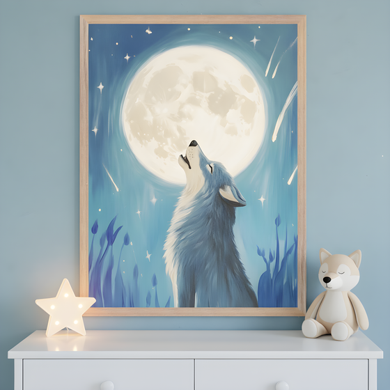 Framed artwall shows a soft, stylized wolf howling at a large glowing full moon, surrounded by stars and streaking comets in a dreamy blue night sky. The artwork sits above a white dresser decorated with a glowing star lamp and a plush wolf toy, creating a peaceful and whimsical nursery atmosphere.