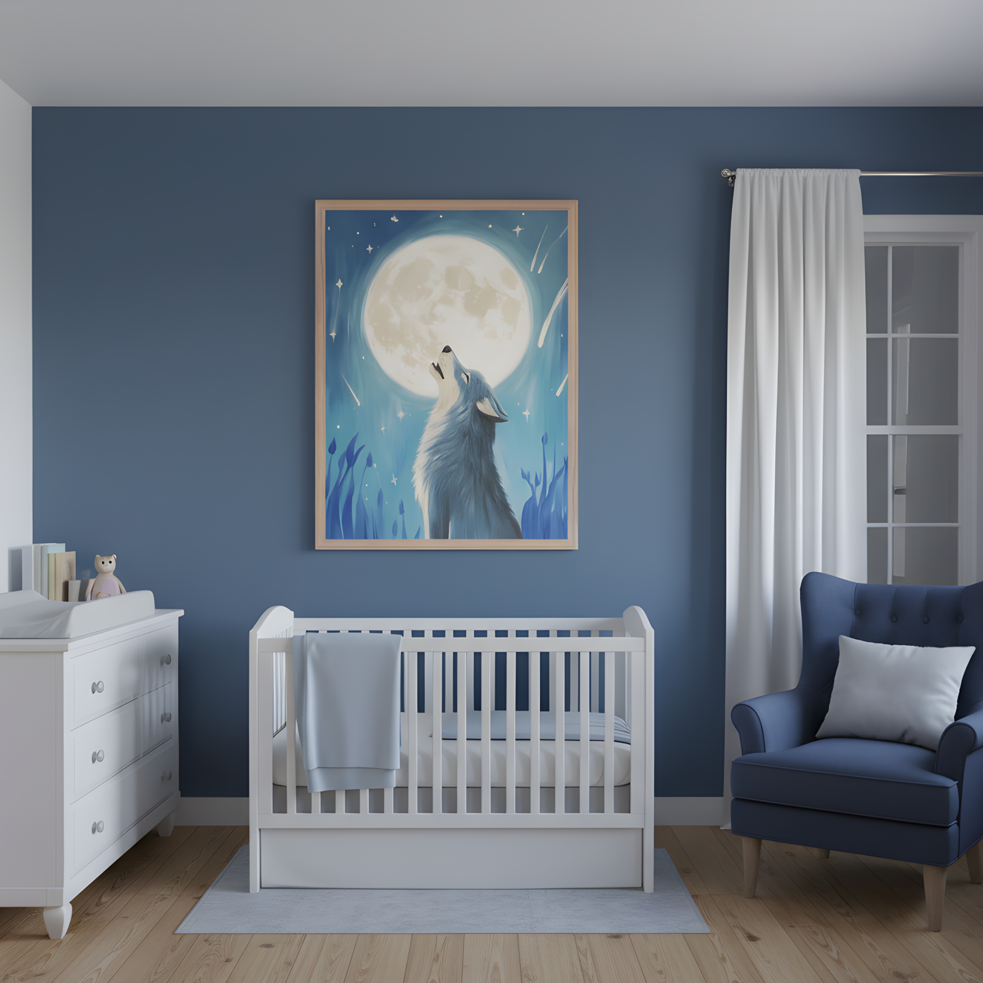A serene nursery features a framed painting of a wolf howling at a glowing full moon, surrounded by shooting stars and dreamy blue tones. The room includes a white crib, a matching dresser with books and a plush owl, and a navy blue armchair with a pale cushion, creating a calm and celestial space for a baby.
