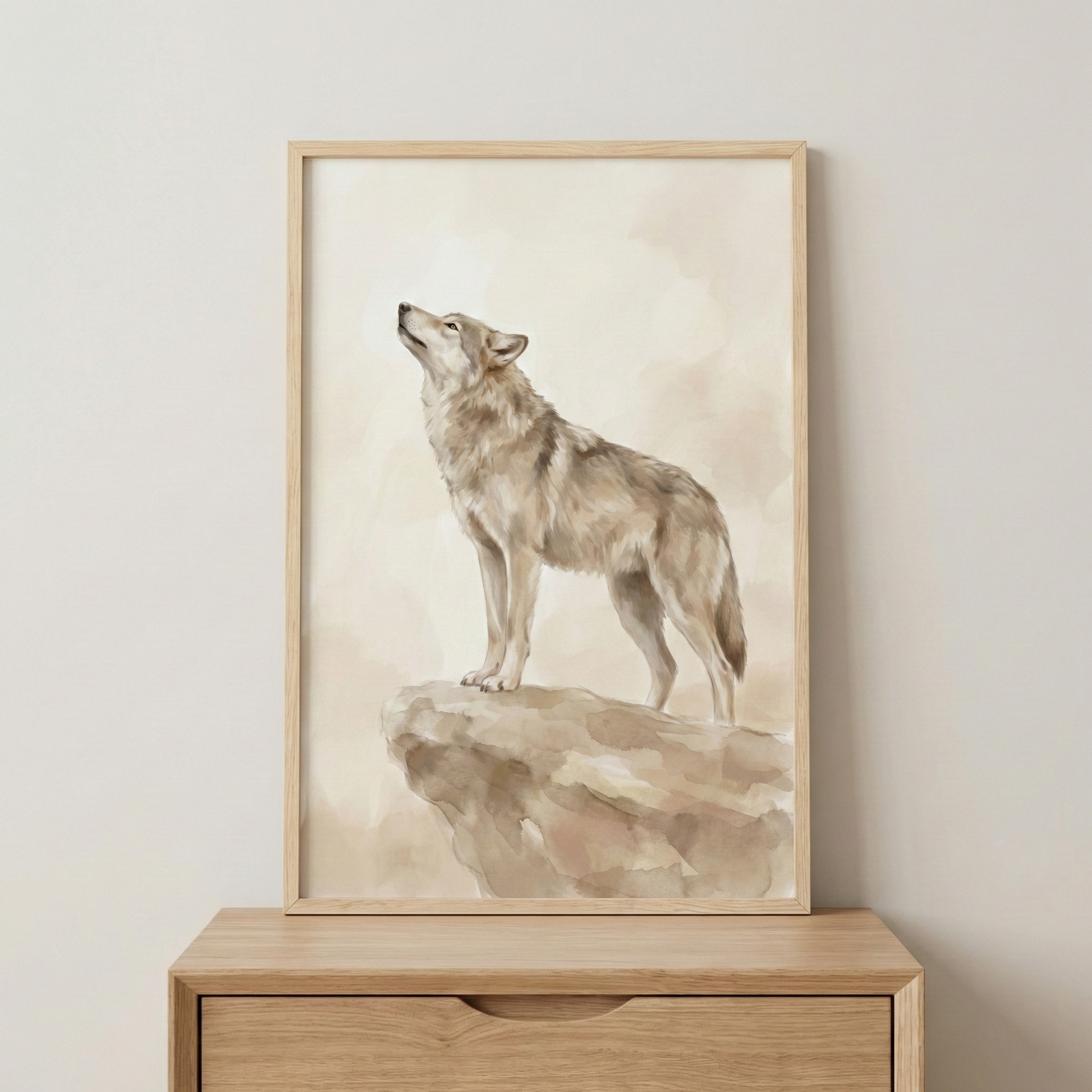 A vertical framed piece of art depicts a wolf standing on a rugged rock formation. The animal is shown in profile, with its head tilted upward toward the sky. The illustration is rendered in a soft watercolor style, utilizing a muted color palette of tan, beige, and brown. The background consists of a gentle wash of light neutral tones, giving the image a serene and atmospheric feel. The artwork is presented in a simple, light wood frame and sits on a wooden cabinet against a plain, off-white wall.