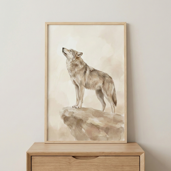 A vertical framed piece of art depicts a wolf standing on a rugged rock formation. The animal is shown in profile, with its head tilted upward toward the sky. The illustration is rendered in a soft watercolor style, utilizing a muted color palette of tan, beige, and brown. The background consists of a gentle wash of light neutral tones, giving the image a serene and atmospheric feel. The artwork is presented in a simple, light wood frame and sits on a wooden cabinet against a plain, off-white wall.