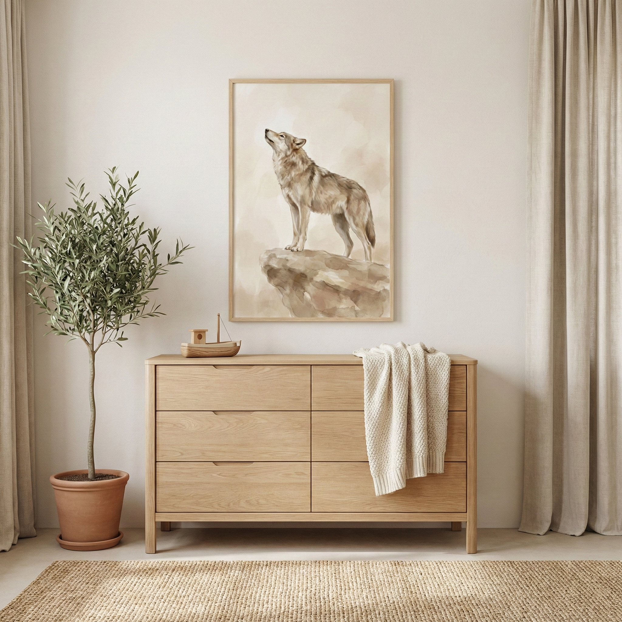 A minimalist interior features a light wood six-drawer dresser against a warm beige wall. Above it hangs a framed illustration of a howling wolf on a rocky ledge, depicted in soft earth tones. A slender green plant in a terracotta pot stands to the left. On the dresser, there is a small wooden toy boat and a cream-colored knit blanket draped over the edge. The room is framed by neutral floor-to-ceiling curtains and a textured natural-fiber rug on the floor.