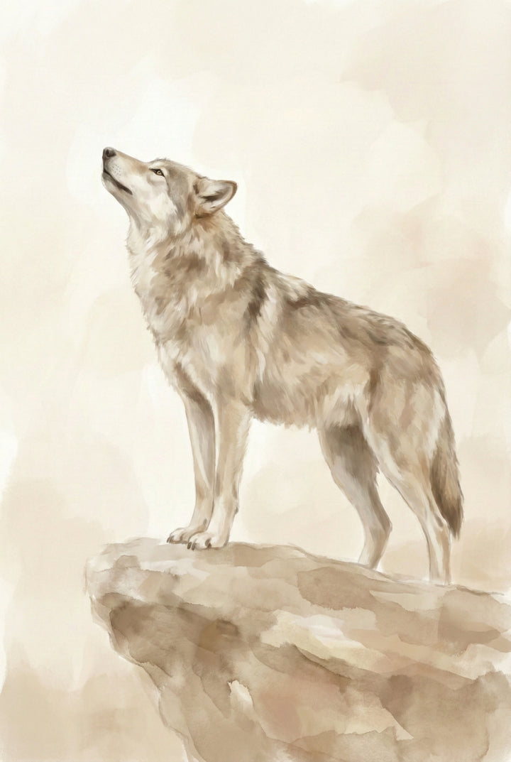 Watercolor painting of a wolf standing on a rocky cliff looking upward, created in soft neutral earth tones with a minimalist wildlife style.
