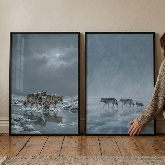 Two large framed wolf paintings rest on a wooden floor against a beige wall, with part of a person in a knit sweater holding the frame on the right. The left painting shows two adult wolves and a pup walking through shallow icy water under a cloudy moonlit sky, while the right painting shows three wolves crossing a frozen pale blue landscape.