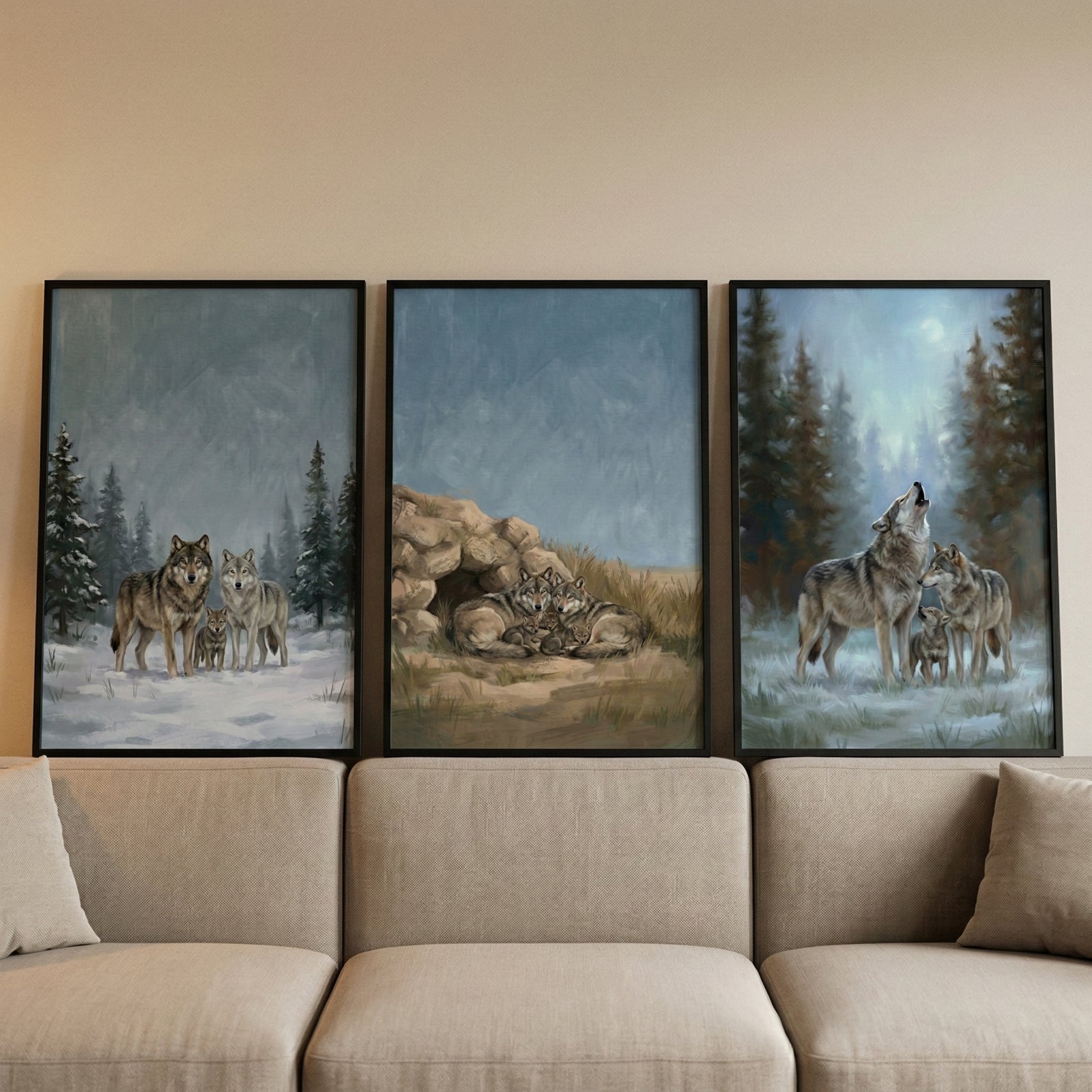 Three framed paintings above a beige couch show a wolf family in different forest scenes. One panel shows two adult wolves and a pup standing in snow, the middle shows wolves resting beside a rocky den, and the third shows a wolf howling upward while two others and a pup stand nearby in a misty pine forest.