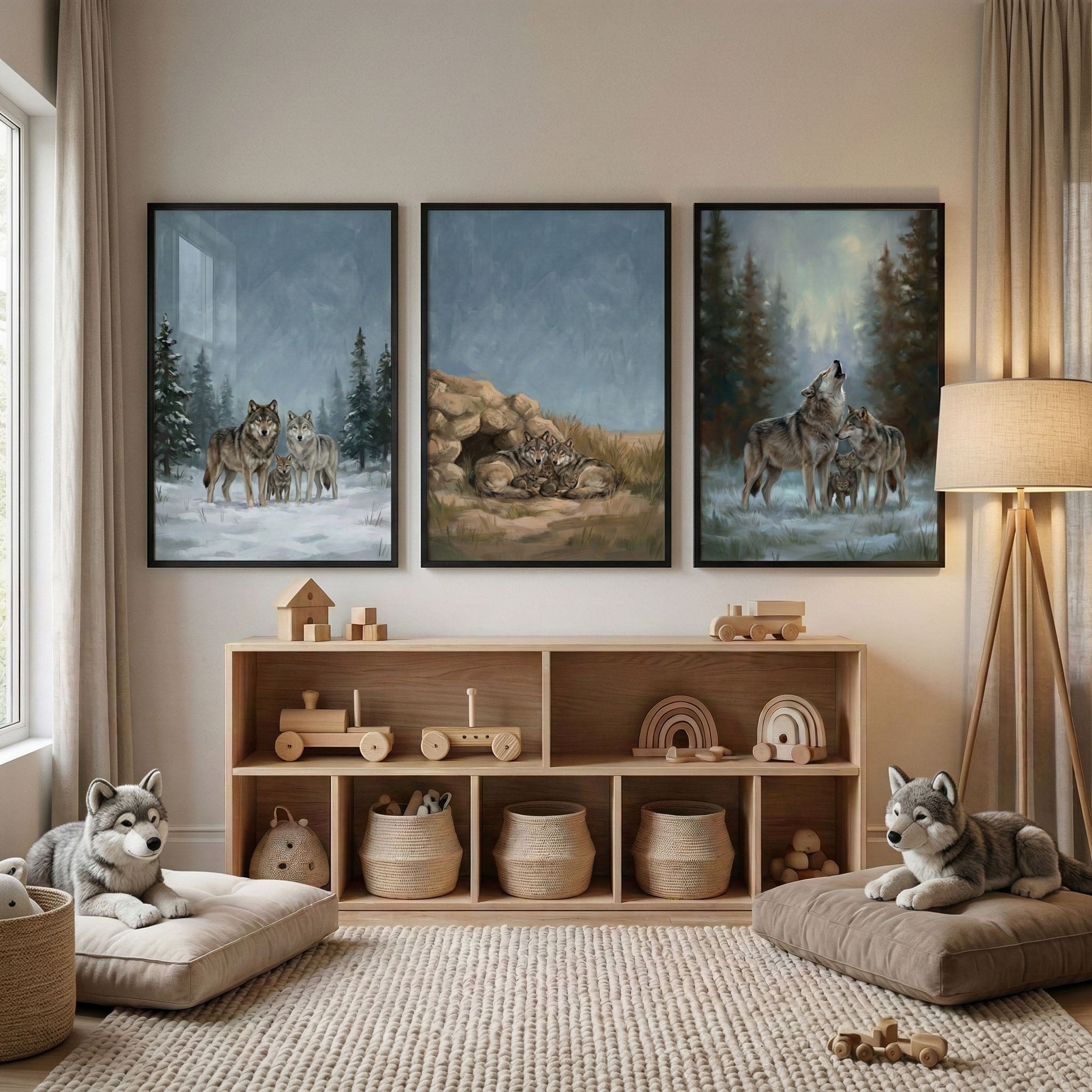 Woodland Wolf Pack Wall Art Set of 3 - Wilderness Wolf Life