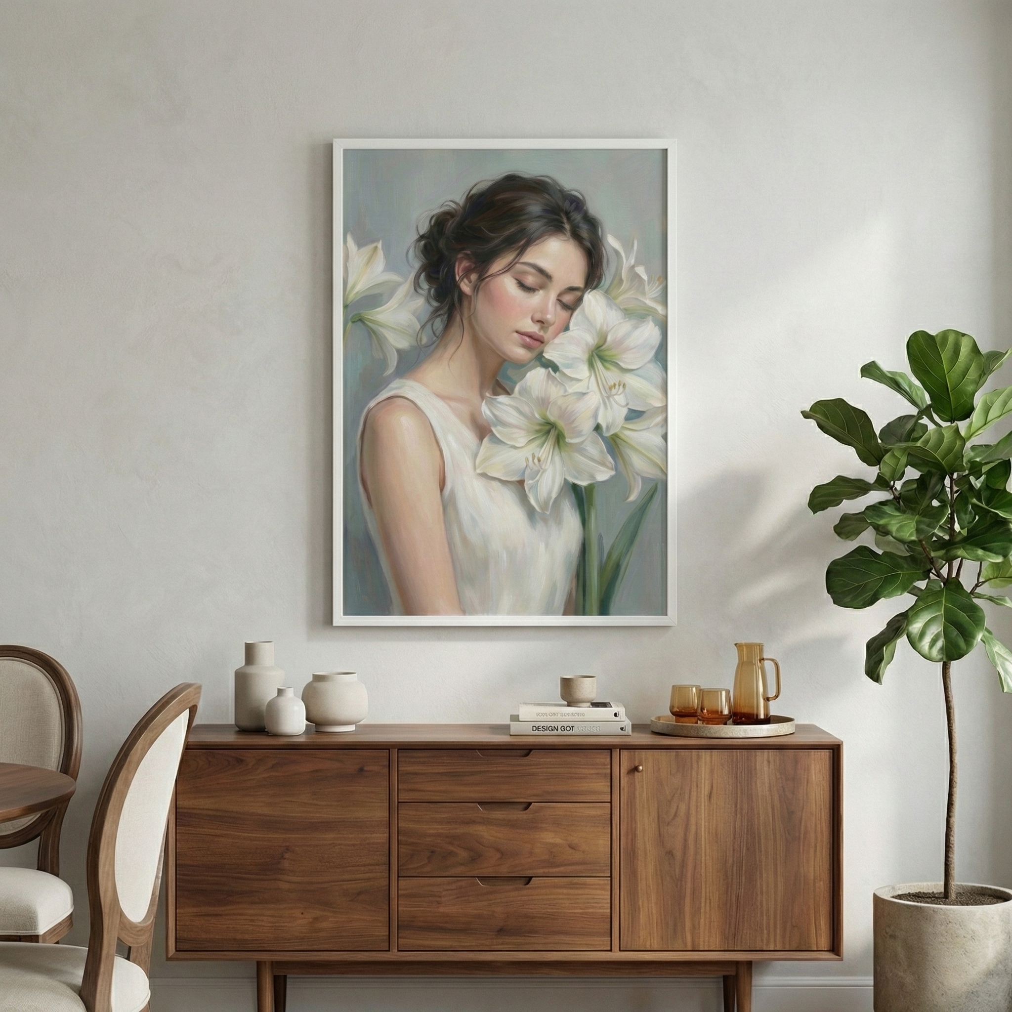 A framed artwork of a young woman with dark hair and a serene expression hangs on a light-colored wall. She has her eyes closed and is surrounded by large, white, blooming flowers. Below, a mid-century style wooden sideboard holds several white ceramic vases, a stack of books, and amber-colored glass carafes. To the right stands a tall green fiddle-leaf fig plant in a gray pot. On the left, parts of two wooden dining chairs with light fabric seats are visible.