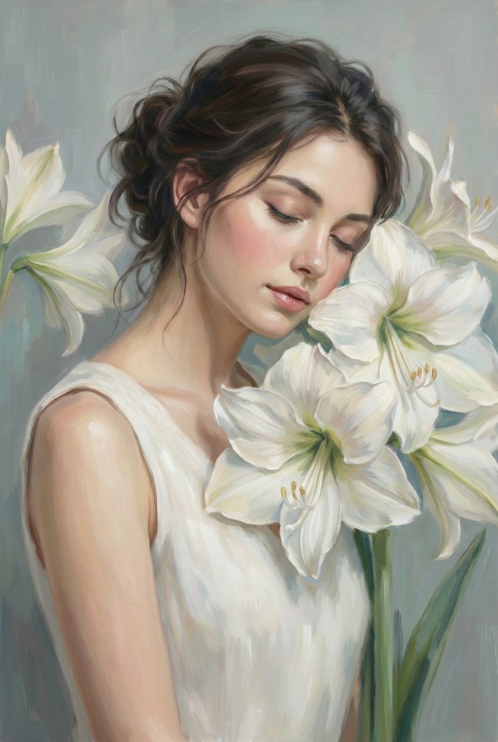 Oil style portrait of a woman in a white dress standing beside a tall white lily. Her head tilts gently toward the flower against a muted gray blue backdrop. The close framing highlights delicate facial features and the soft texture of the petals.
