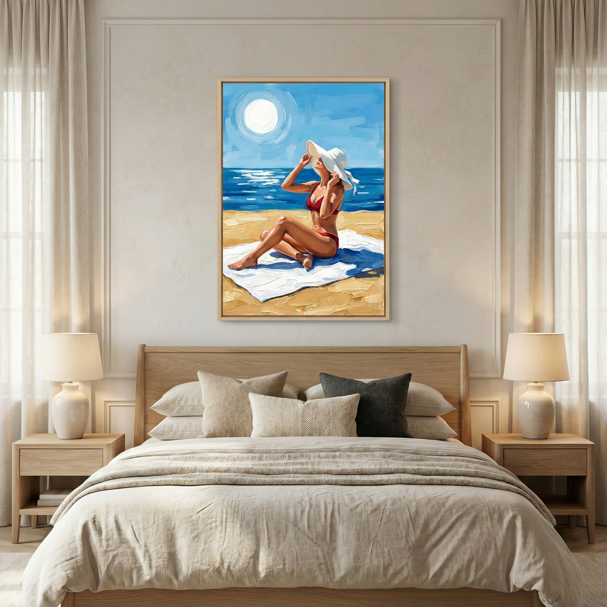 A serene bedroom interior is centered around a large framed artwork displayed above a wooden platform bed. The artwork captures a bright coastal scene with a woman relaxing on a sandy beach, wearing a red swimsuit and a large white sun hat, with a deep blue ocean and a brilliant sun in the background. The bed is layered with soft, neutral-toned linens and multiple decorative pillows in complementary earthy shades. 