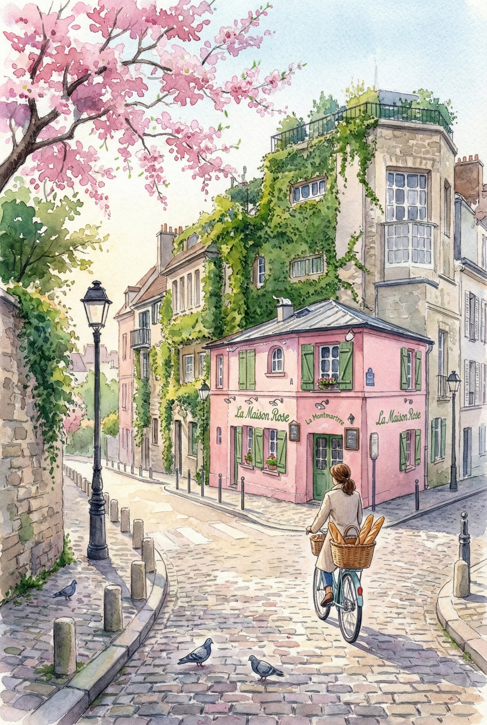 This close-up reveals the fine details of the artwork: the soft pastel tones, the texture of the cobbled road, the pink façade of La Maison Rose, and the lush greenery cascading from surrounding buildings. The cyclist riding away adds a narrative element of everyday life, evoking a tranquil morning in Paris. The cherry blossoms and gentle light give the scene a dreamlike quality.