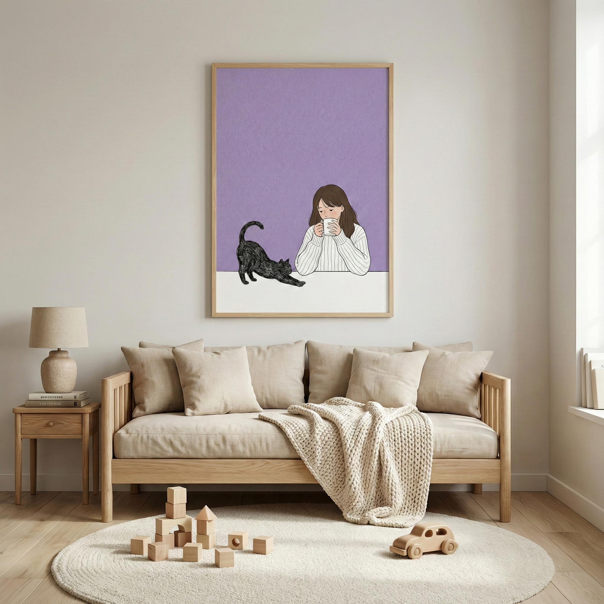 A framed illustration is centered on a light-colored wall, depicting a young woman with long brown hair sipping from a white mug. Beside her, a black cat is shown in a long stretch. The background of the illustration is a solid, matte purple. Below the art, there is a light-wood sofa with beige upholstery and several matching pillows. A thick, cream-colored knit throw is draped over the sofa.