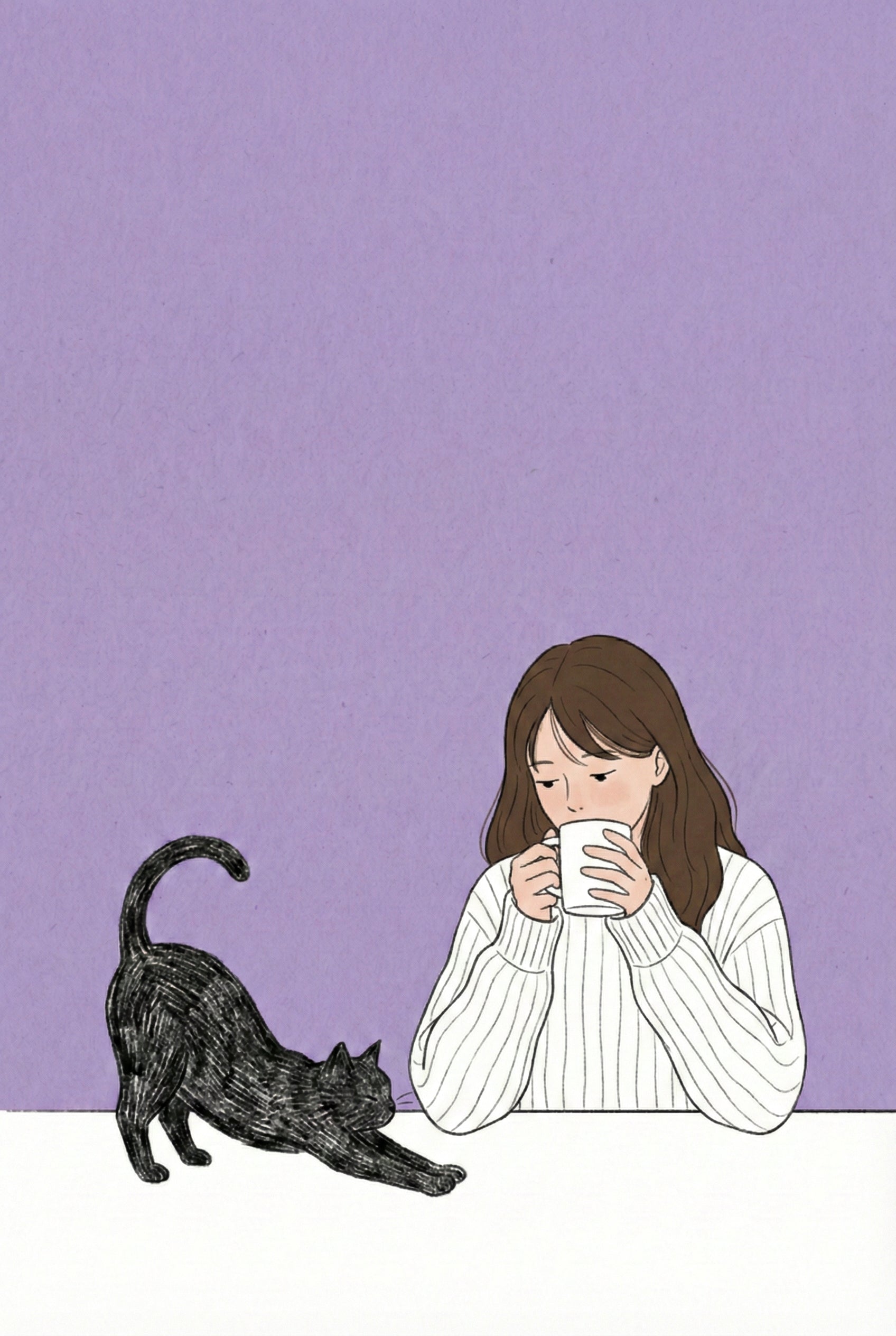 Illustration of a woman in a white sweater drinking from a mug while a black cat stretches beside her. The background is a simple flat lavender tone.