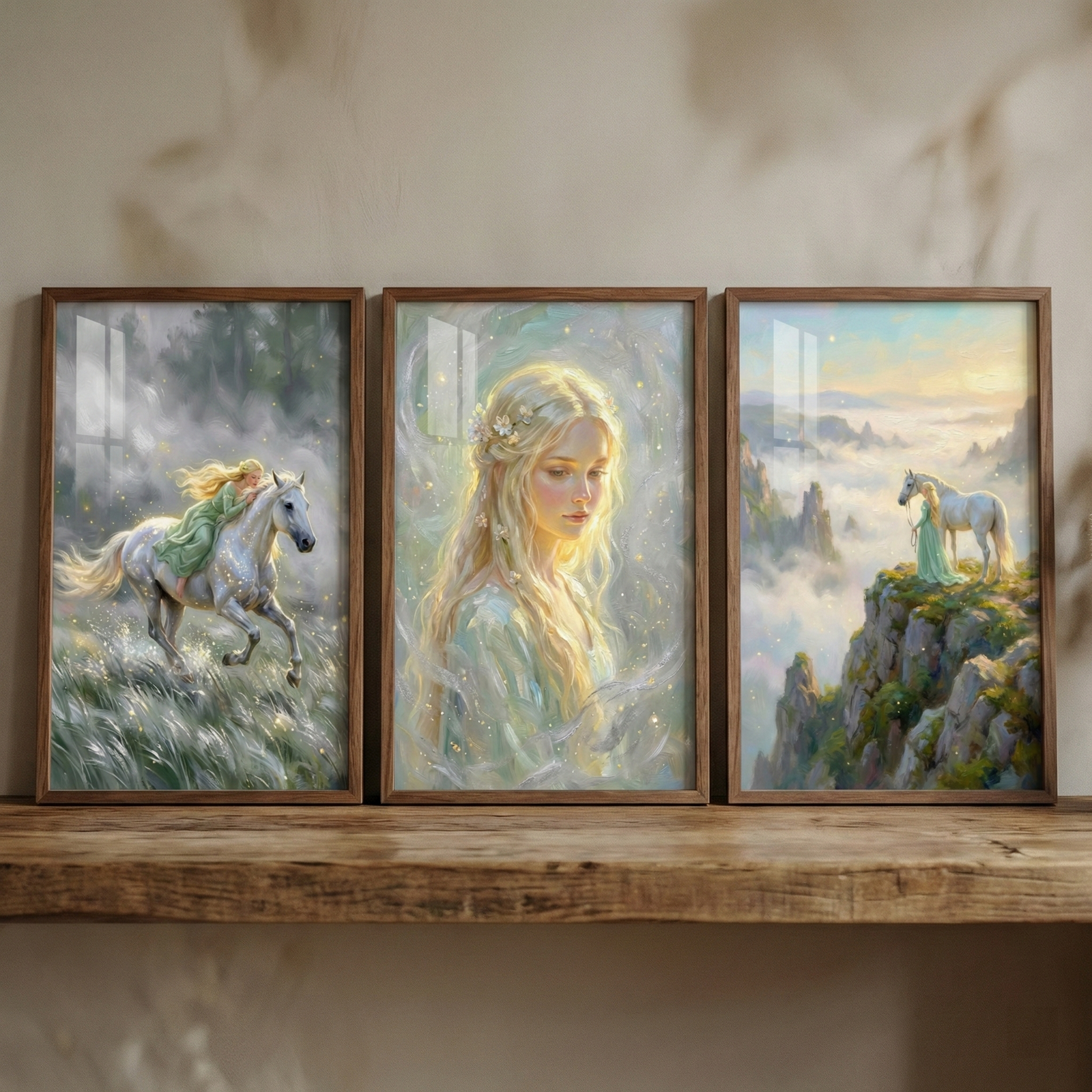 Three framed artworks in a fantasy style are displayed on a rustic wooden shelf. The piece on the left shows a blonde woman in a green dress riding a white horse through a misty field. The center piece is a serene portrait of the blonde woman with light surrounding her. The piece on the right depicts the woman and her white horse on a rocky cliff above a valley of clouds. All three scenes share an ethereal quality and are set in dark brown wooden frames against a neutral wall.