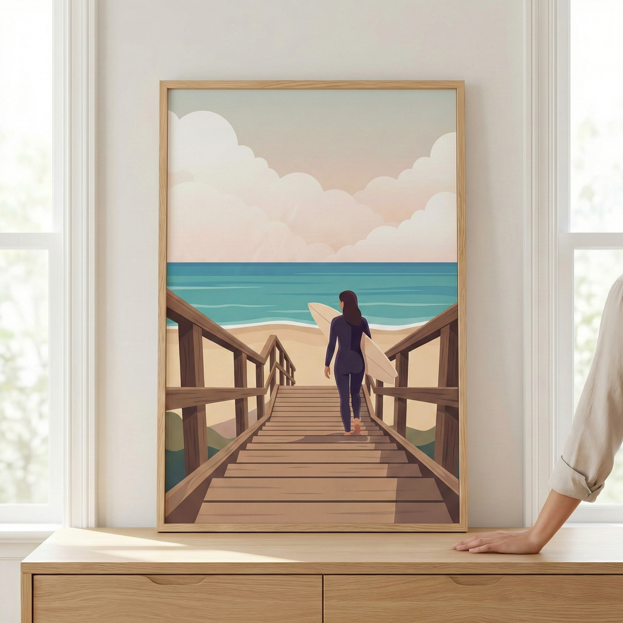 An illustration depicting a serene coastal scene at dawn or dusk. A person wearing a dark-colored wetsuit is shown from behind, carrying a surfboard and walking down a wooden staircase that leads toward a sandy beach. The ocean beyond is a calm, bright turquoise. The sky above is filled with soft, stylized, rounded clouds in shades of peach, light pink, and cream. This artwork is created in a minimalist, graphic style with flat colors and clean lines, capturing a peaceful, summery moment. 