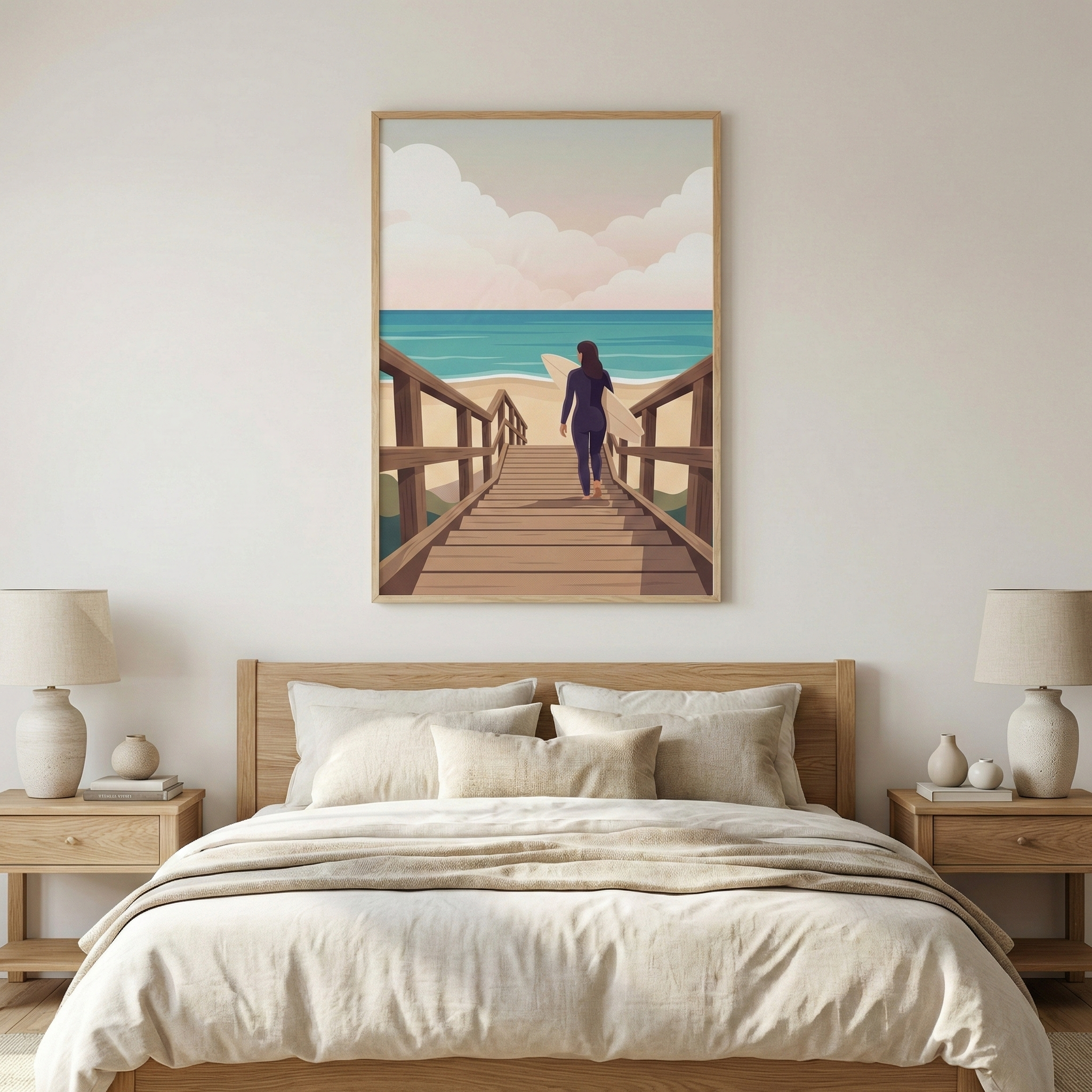 A serene bedroom featuring a minimalist wooden bed with layered neutral-colored bedding and several plush pillows in shades of cream and tan. On either side of the bed are matching light-wood nightstands, each holding a lamp with a textured, off-white ceramic base and a simple linen shade. The focal point of the room is a large, framed vertical illustration hanging on the wall above the headboard. 