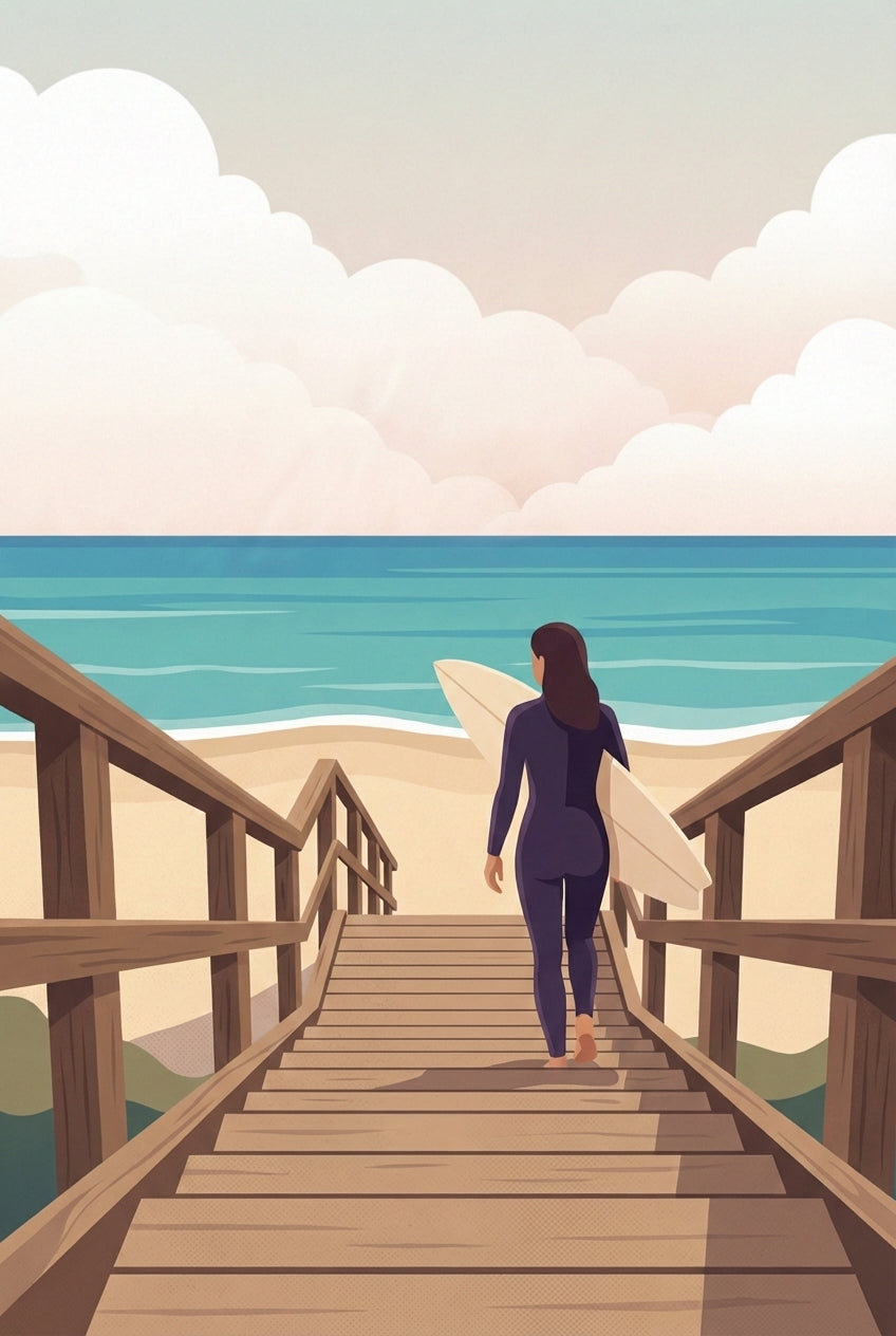 Woman Surfer Sunset Beach Wall Art - Seaside Stairway