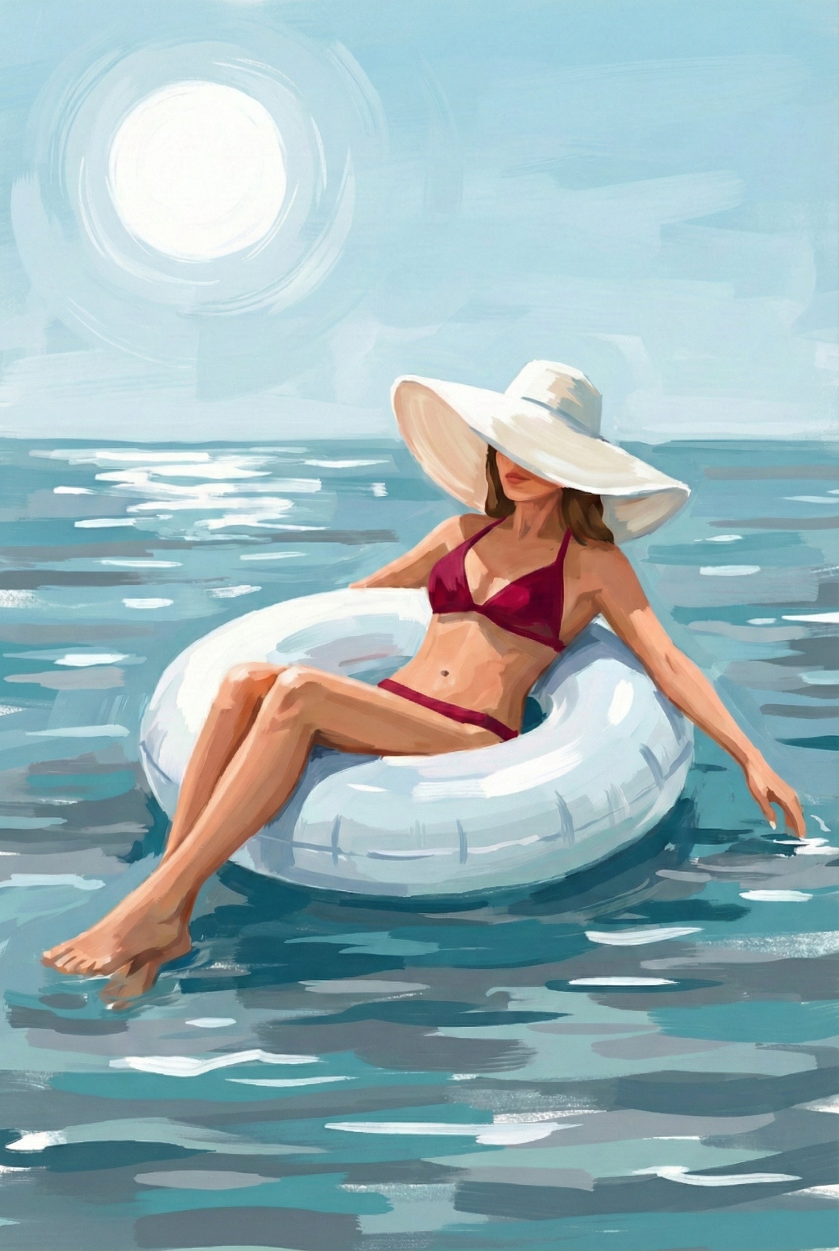 Woman in a red bikini lounges on a white inflatable ring in calm ocean water, basking in the sun while wearing an oversized hat.