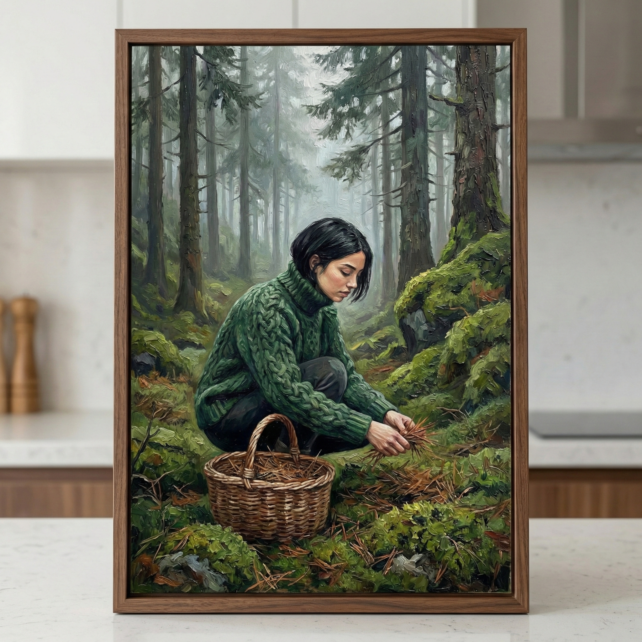 Woman Gathering Forest Floor Wall Art - Emerald Woodland Forage