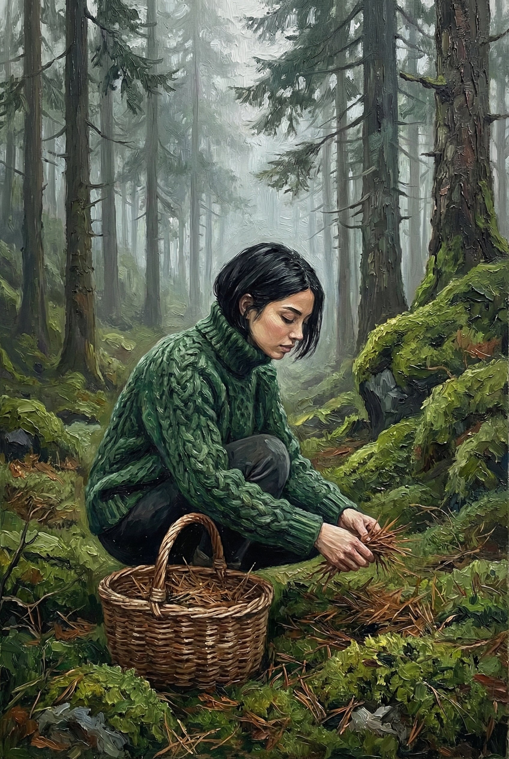 Woman Gathering Forest Floor Wall Art - Emerald Woodland Forage