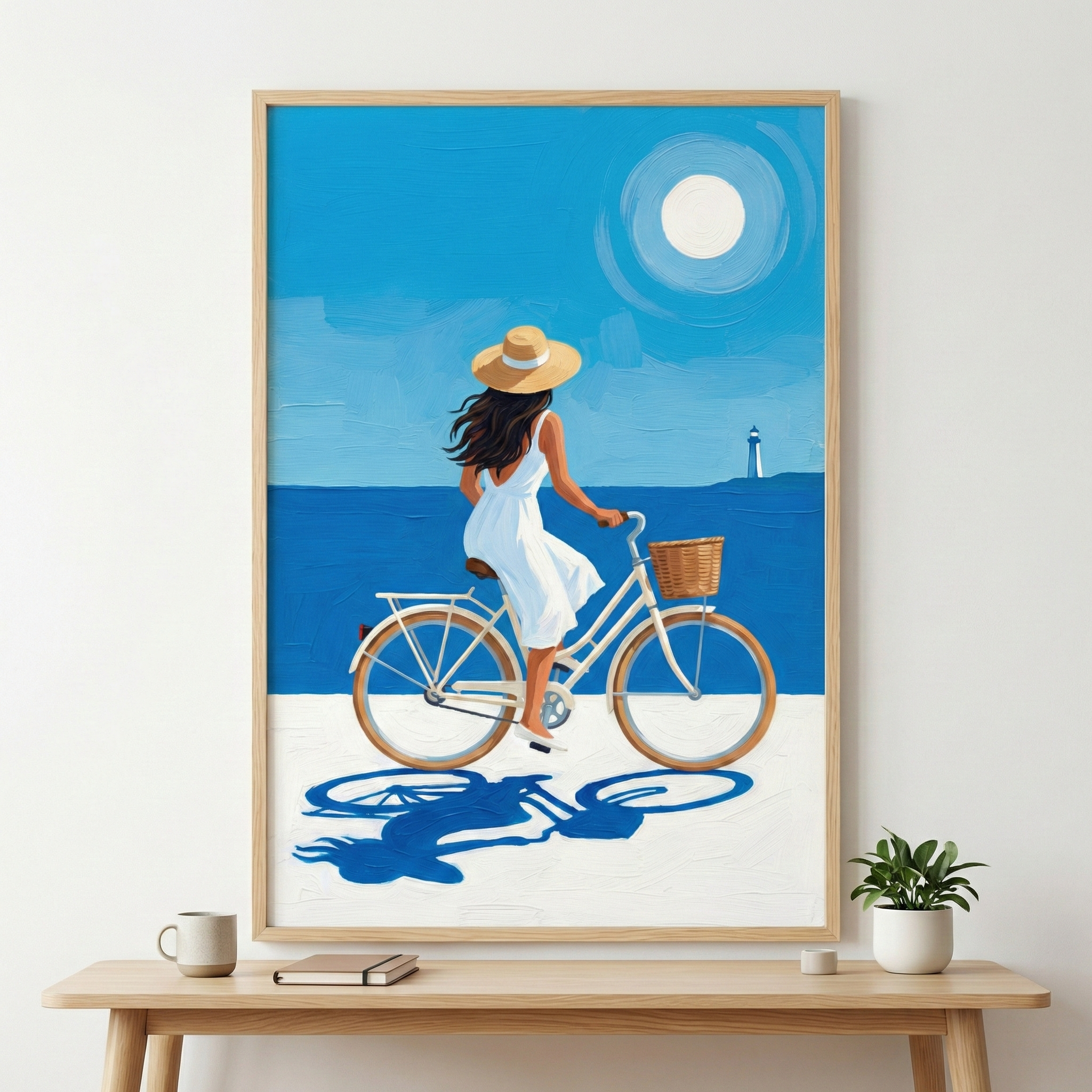 A vibrant framed illustration depicts a serene coastal scene. A woman with long dark hair, wearing a white sundress and a wide-brimmed straw hat, is shown from behind as she rides a light-colored bicycle with a wicker basket. She travels along a bright white sandy path next to a deep blue sea under a clear blue sky. A distant white lighthouse is visible on the horizon. High in the sky, a large, glowing white circular sun is surrounded by soft blue rings. 
