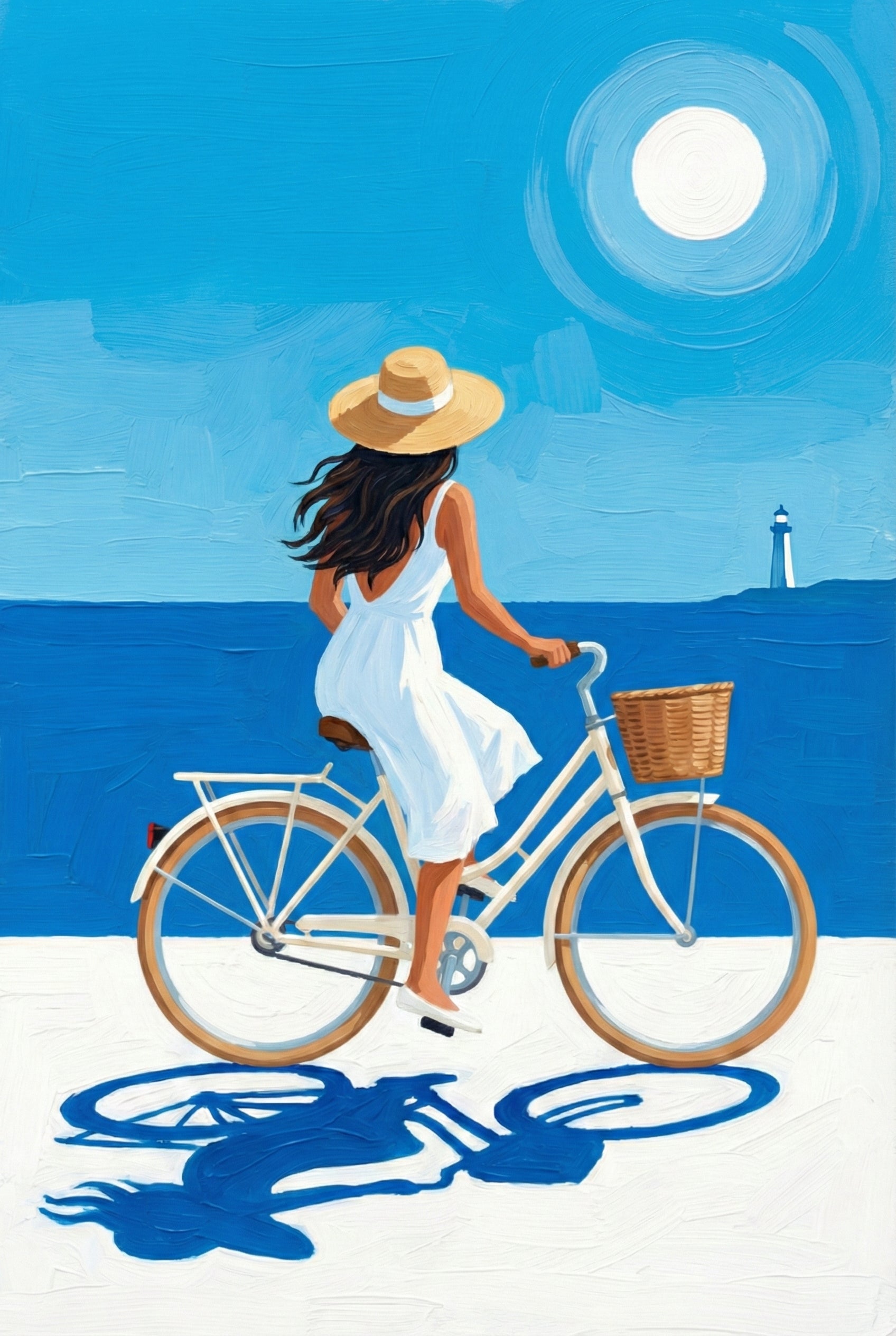 Illustrated painting of a woman in a white dress and straw hat riding a bicycle along a coastal path, looking out toward the ocean where a lighthouse stands in the distance.
