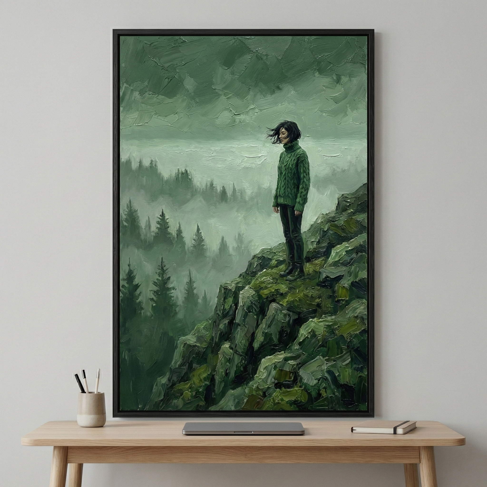 Lone Woman Mist Covered Forest Wall Art - Emerald Mist Solitude