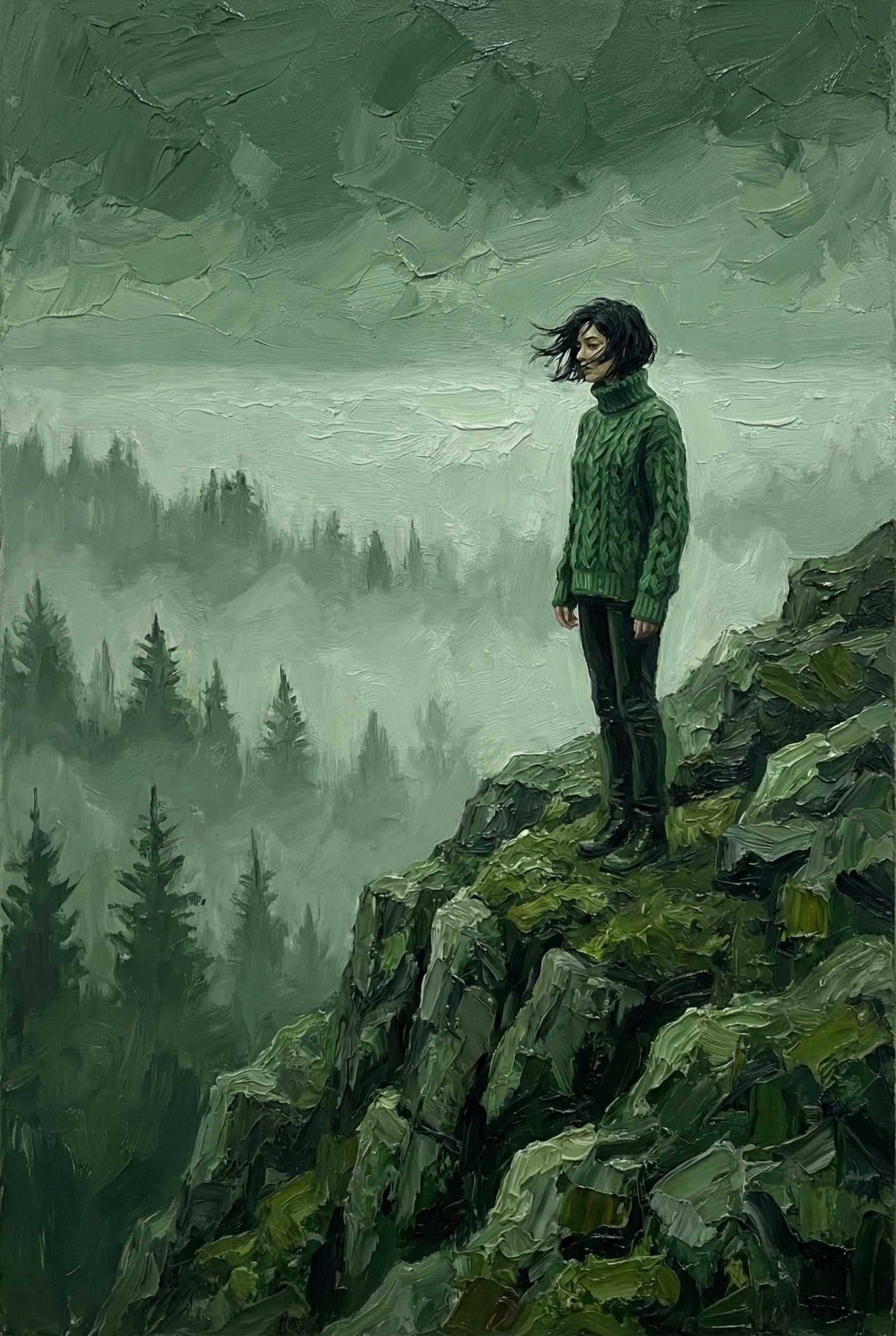 A close-up of a textured oil-style painting of a woman in a green sweater standing on moss-covered rocks, gazing into the mist. Layers of pine trees fade into the background under a dramatic, cloud-filled green sky.