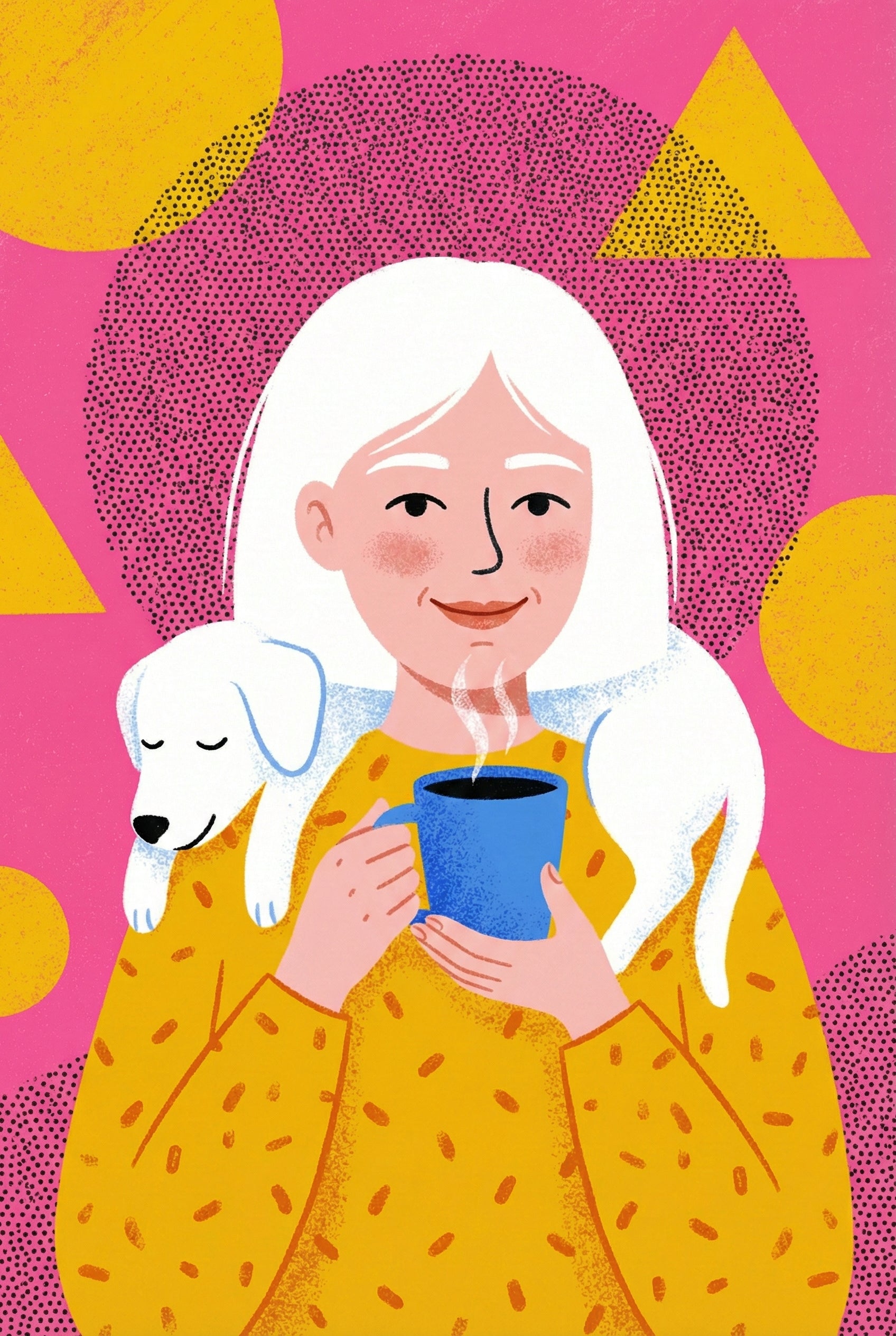 Girl Drinking Coffee With Sleeping Puppy Wall Art - Warm Puppy Comfort