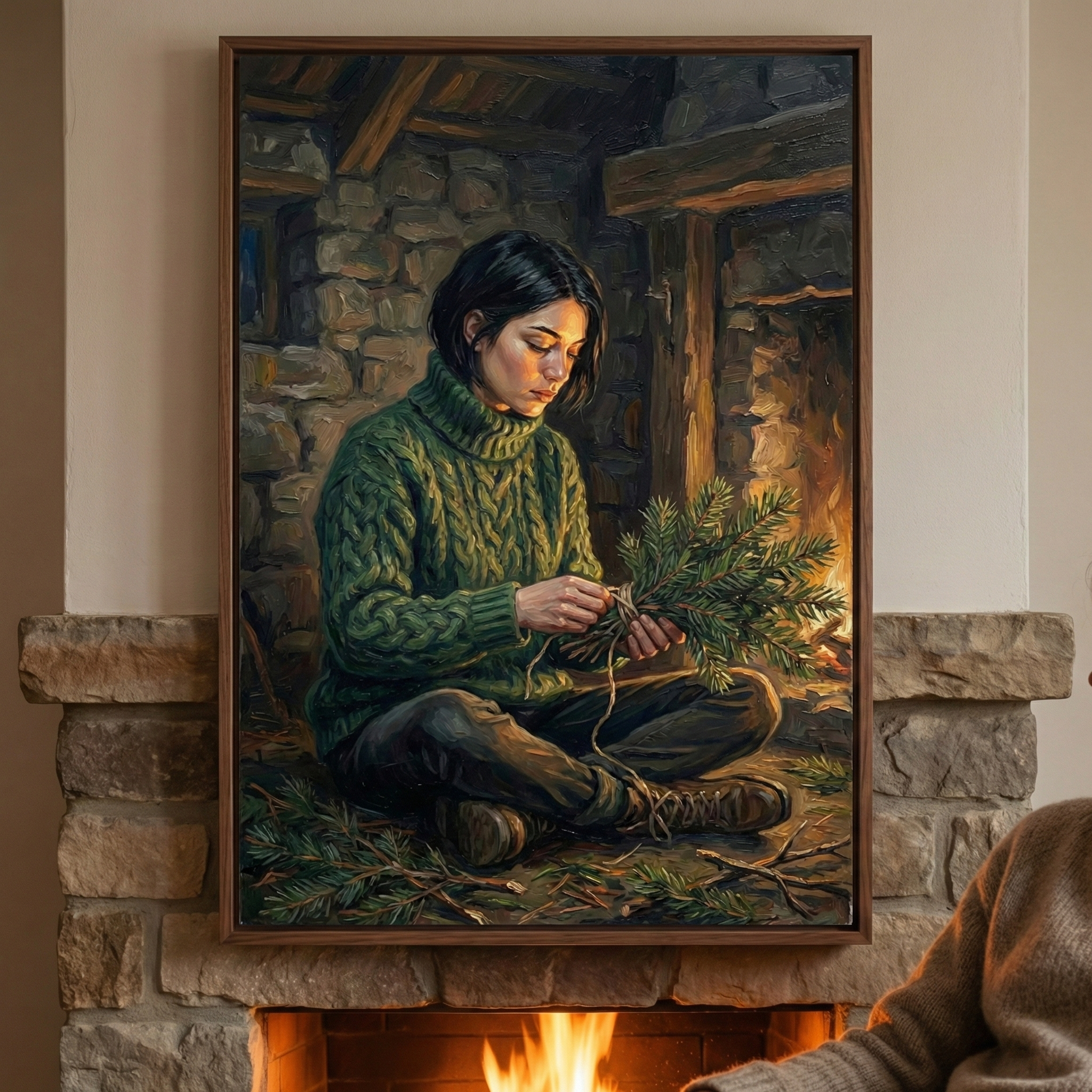 Woman Green Cable Knit Sweater Wall Art - Winter Hearth Ritual