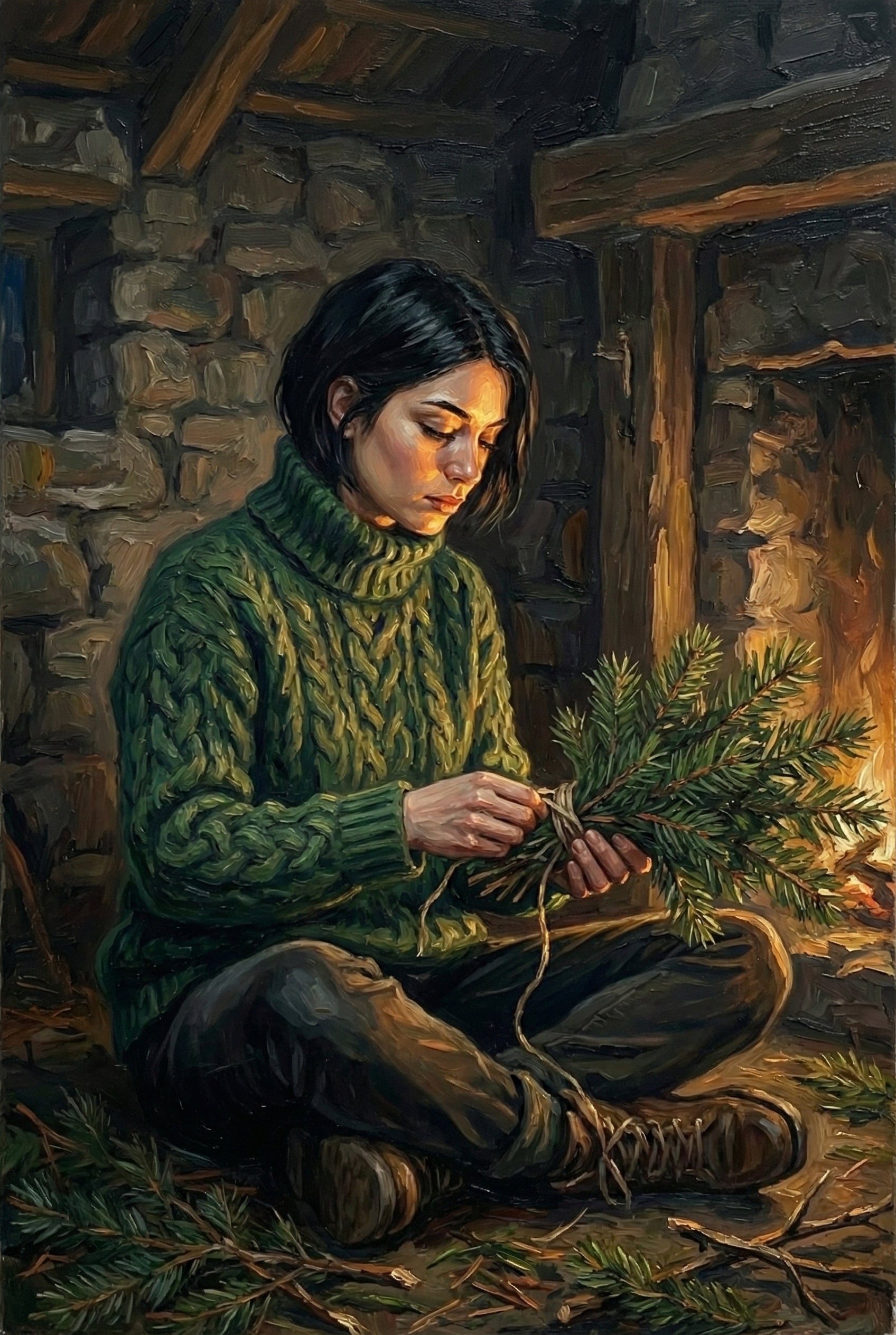 Woman Green Cable Knit Sweater Wall Art - Winter Hearth Ritual